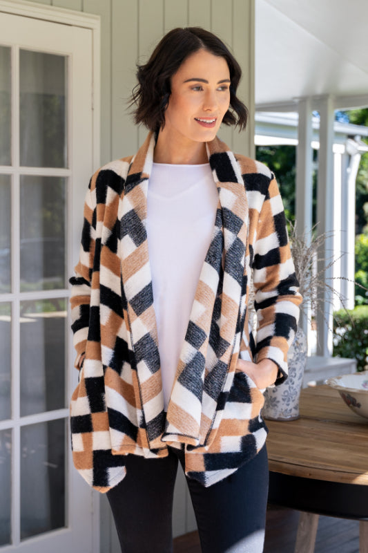 See Saw Boiled Wool Open Jacket in Camel, Black and Ivory