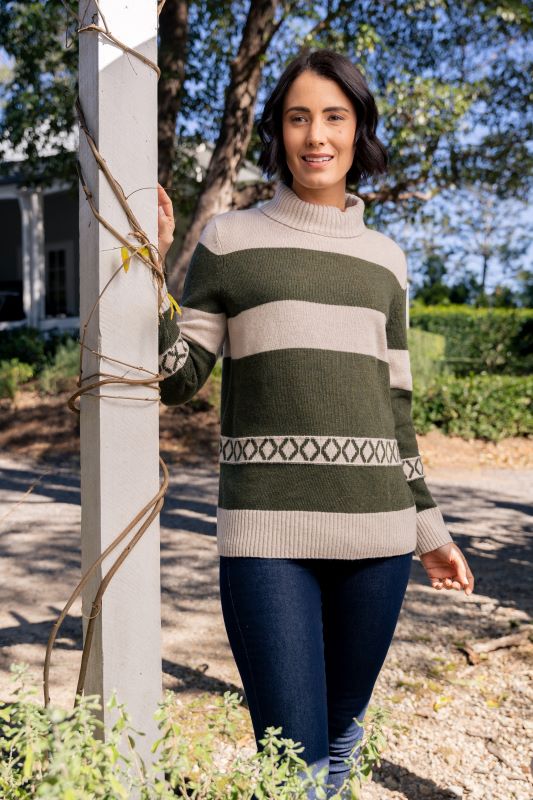 See Saw Lambswood Blend Stripe Roll Neck Sweater in Olive