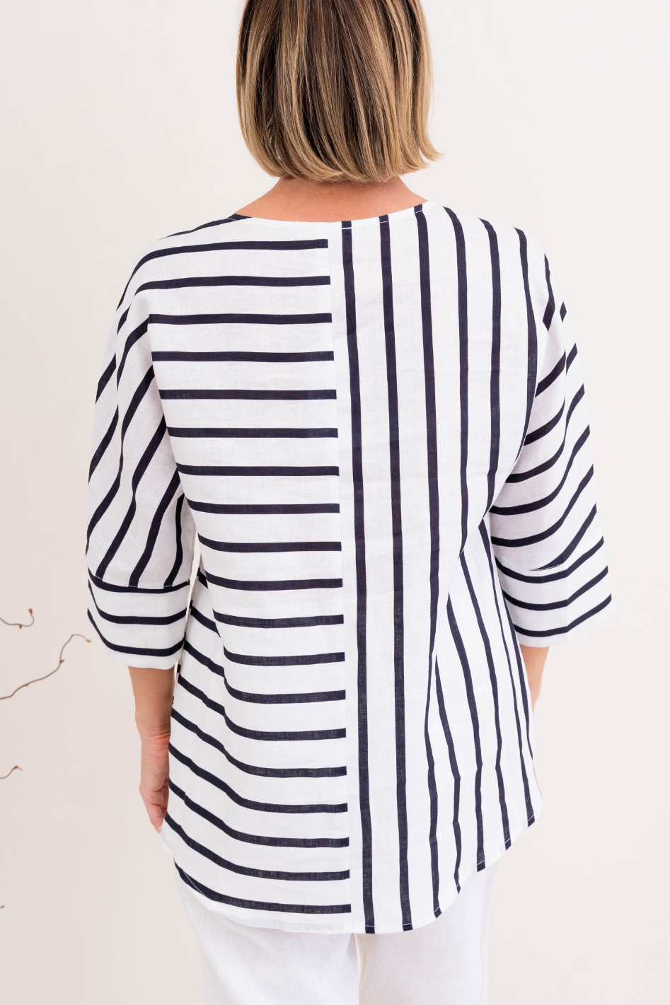 See Saw 3/4 Dolman Sleeve Linen Top in Navy and White Stripe