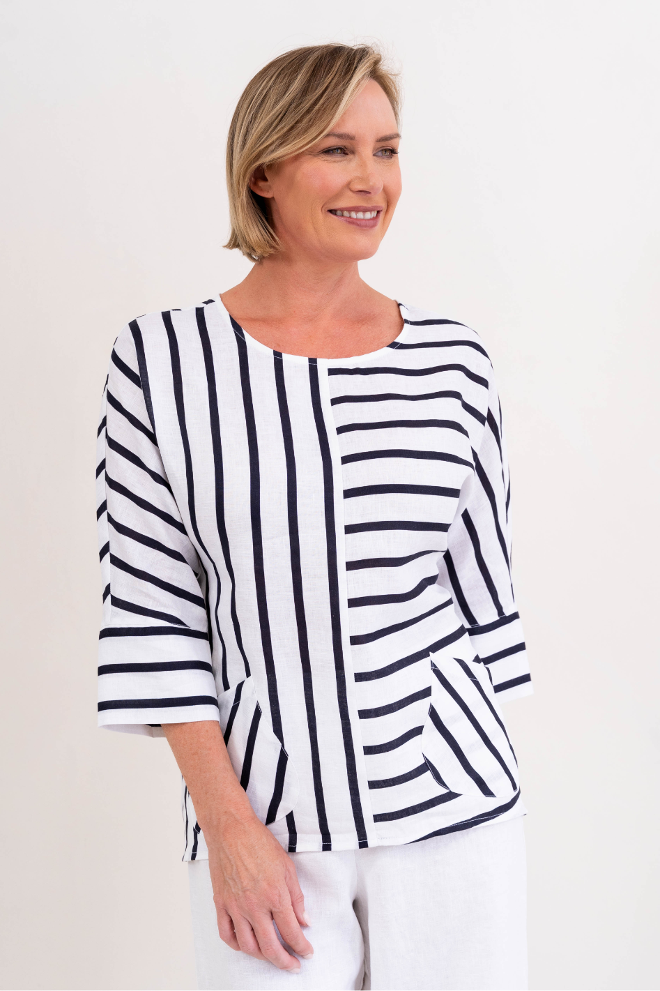 See Saw 3/4 Dolman Sleeve Linen Top in Navy and White Stripe
