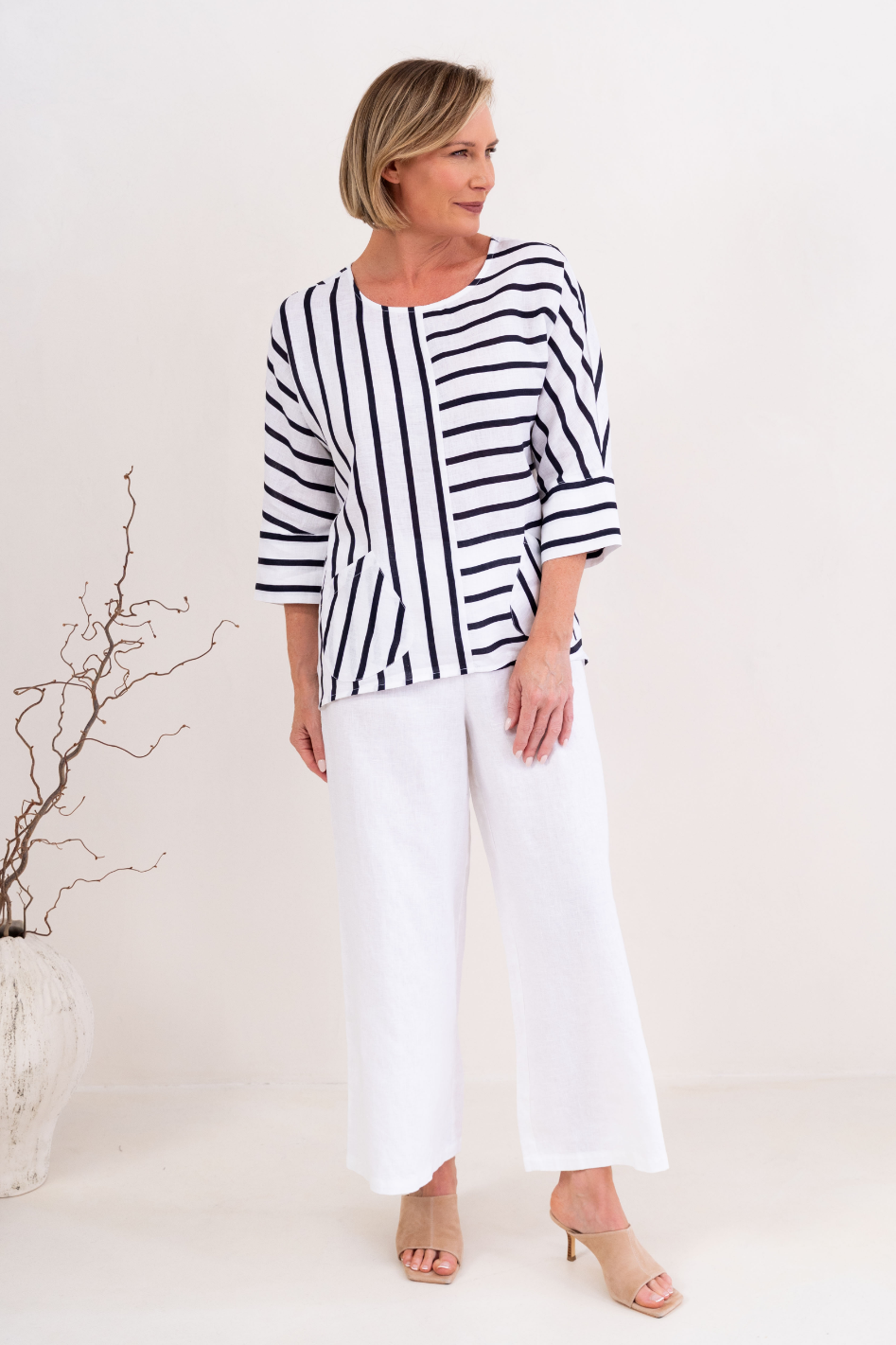 See Saw 3/4 Dolman Sleeve Linen Top in Navy and White Stripe