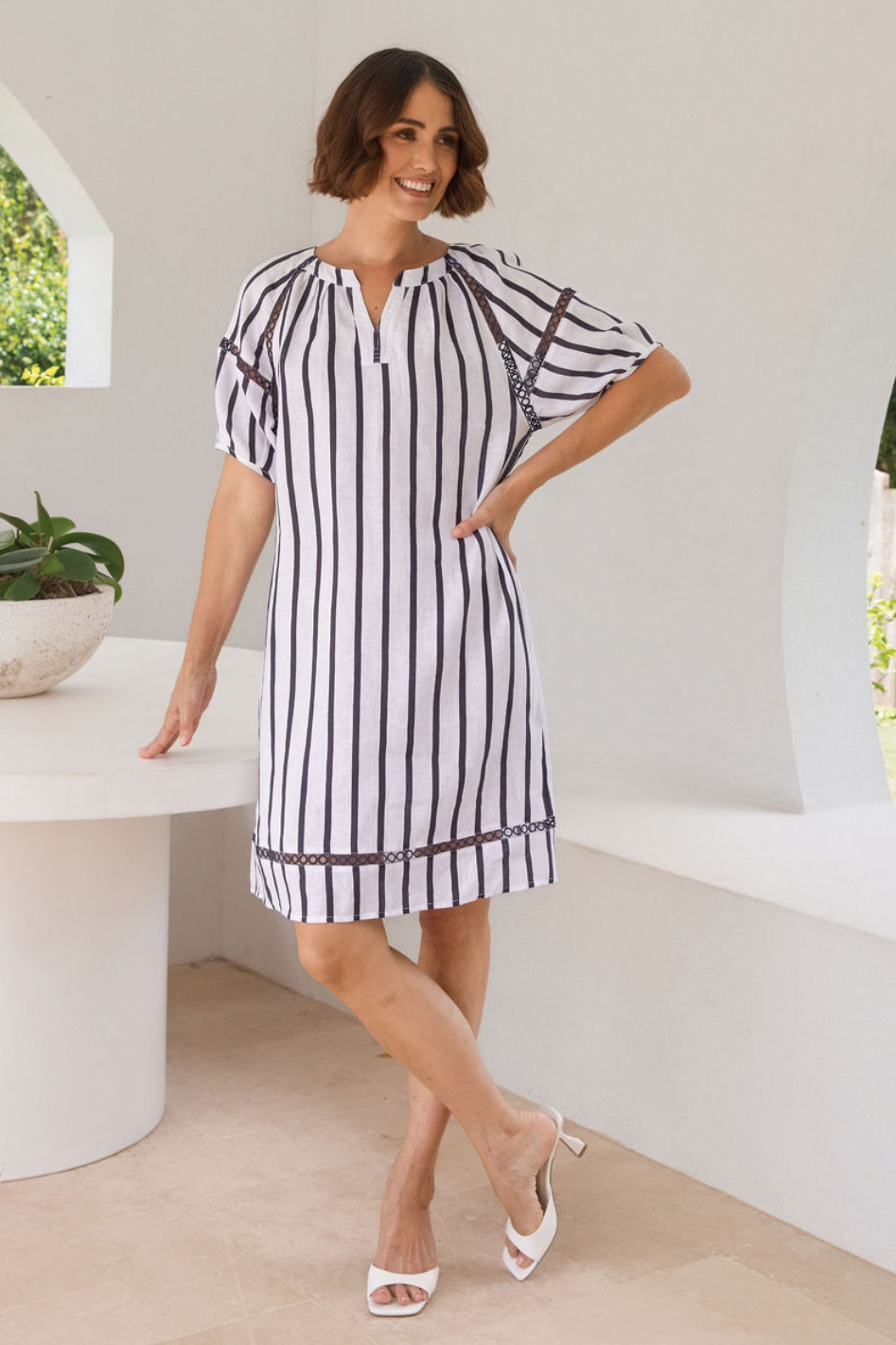 See Saw 3/4 Sleeve Lace Trim Linen Dress | Navy/White Stripe | SA222
