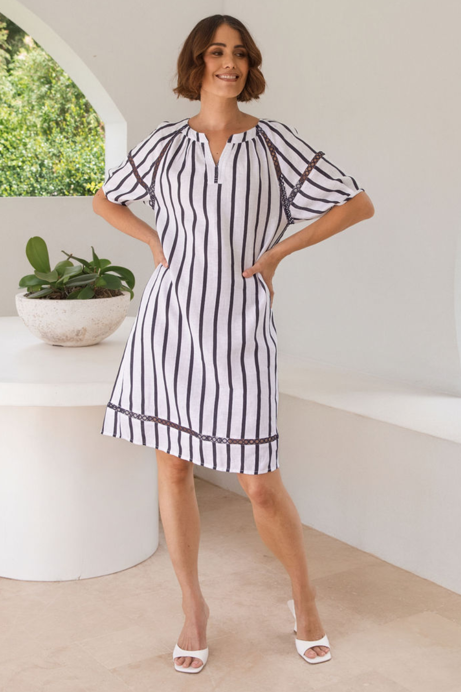 See Saw 3/4 Sleeve Lace Trim Linen Dress | Navy/White Stripe | SA222