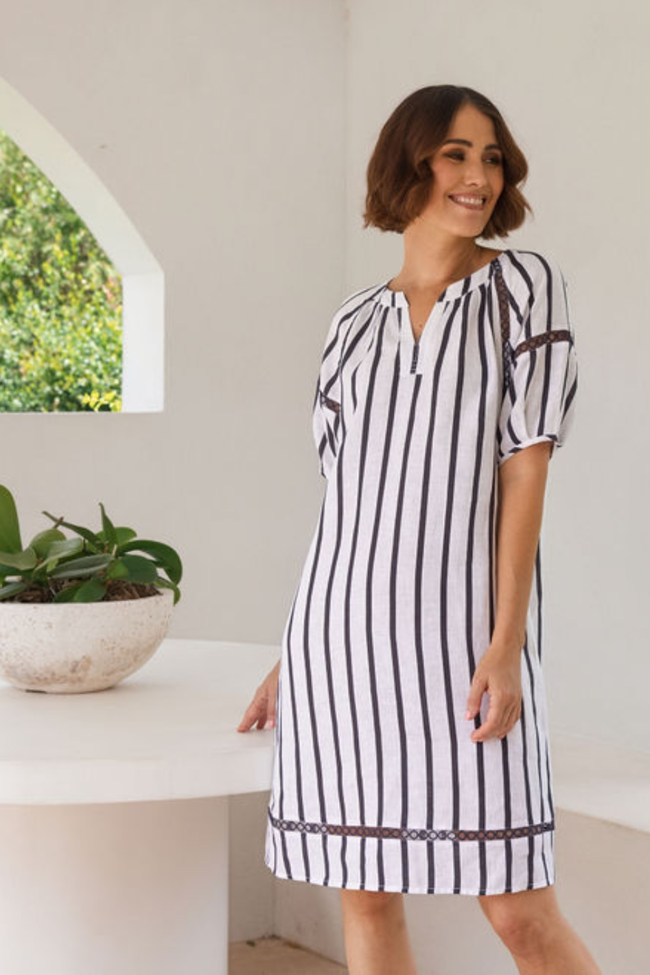 See Saw 3/4 Sleeve Lace Trim Linen Dress | Navy/White Stripe | SA222
