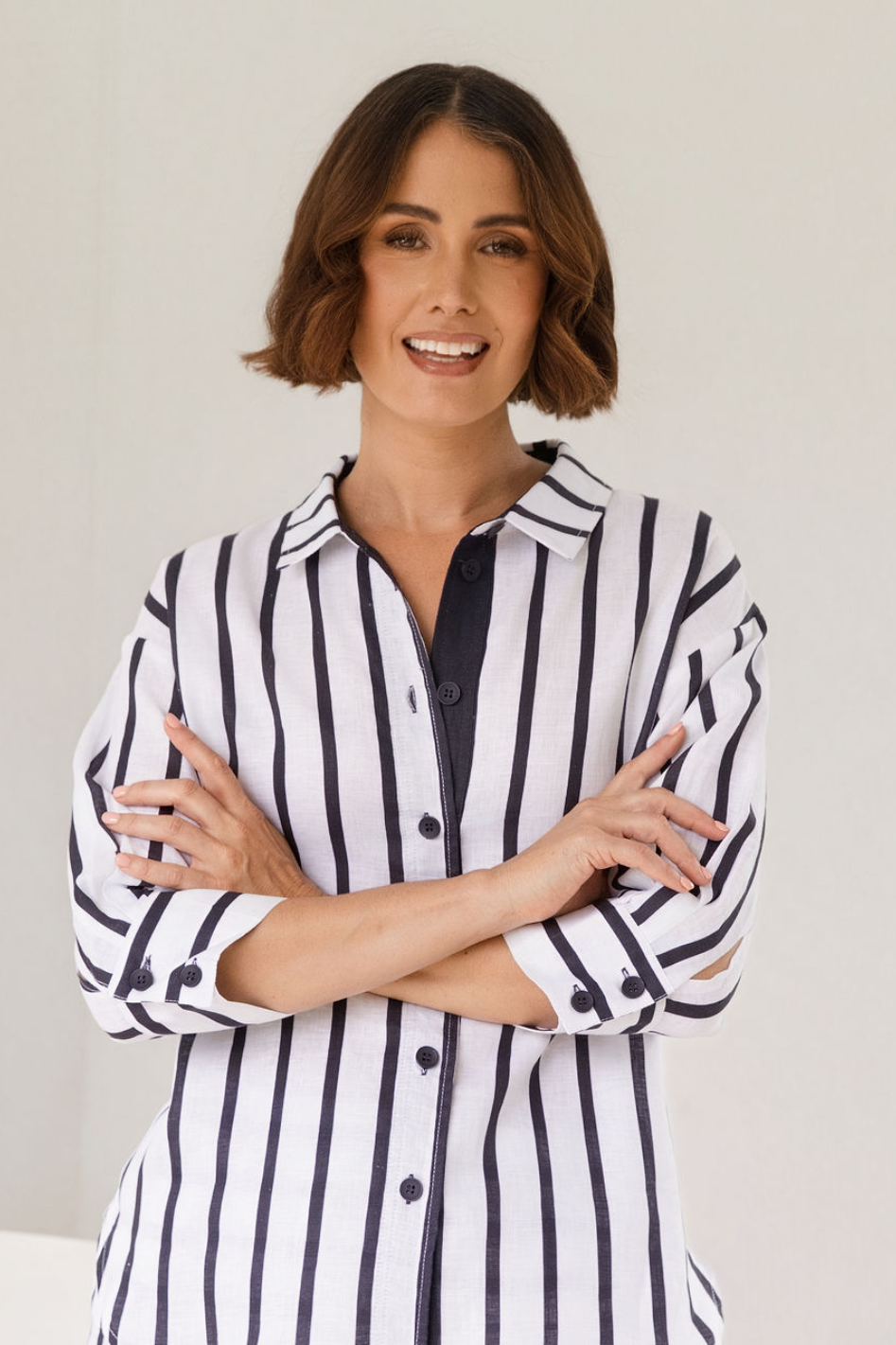 See Saw 3/4 Sleeve Linen Shirt in Navy and White Stripe