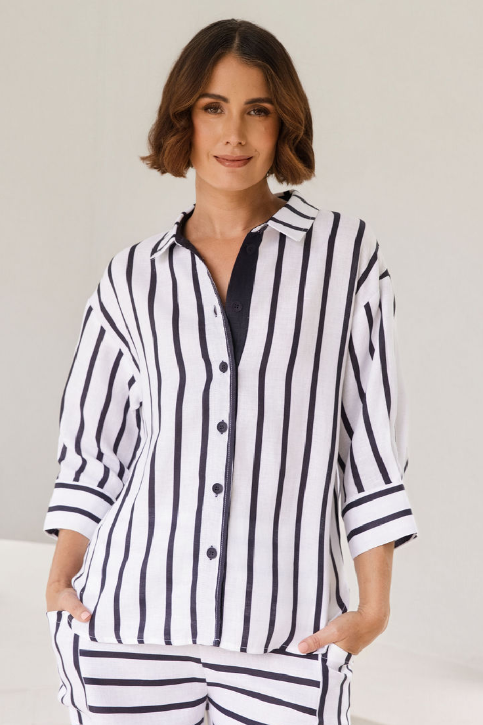 See Saw 3/4 Sleeve Linen Shirt in Navy and White Stripe