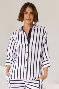 See Saw 3/4 Sleeve Linen Shirt | Navy/White Stripe | SA220