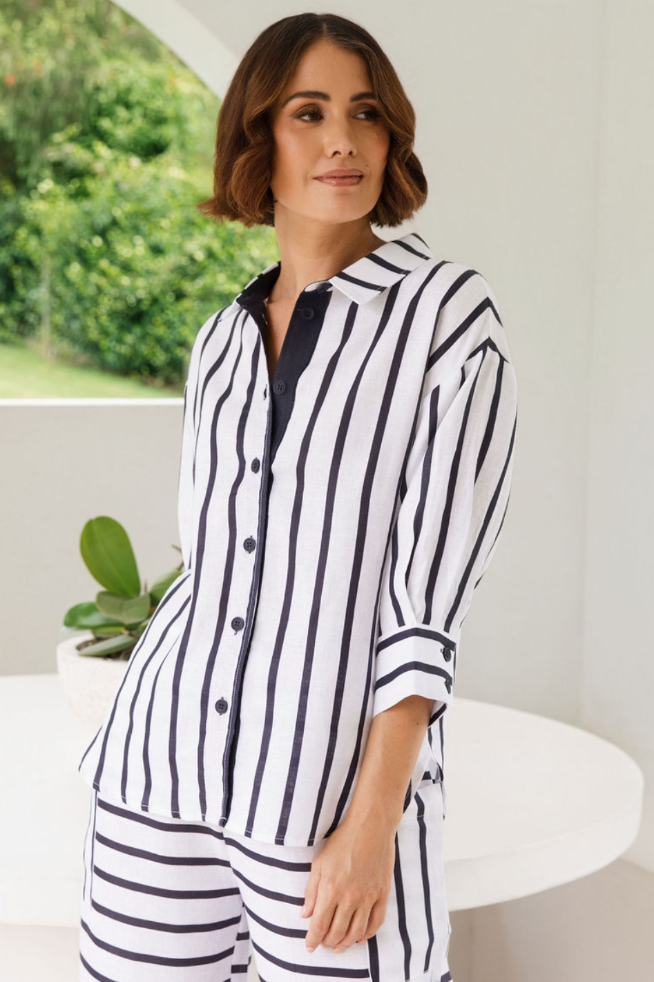 See Saw 3/4 Sleeve Linen Shirt in Navy and White Stripe