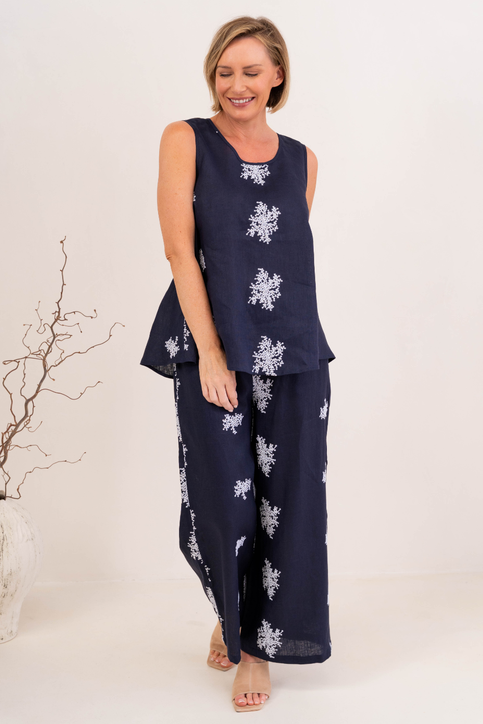 See Saw 7/8 Drawstring Pant in Navy and White Blossom Print