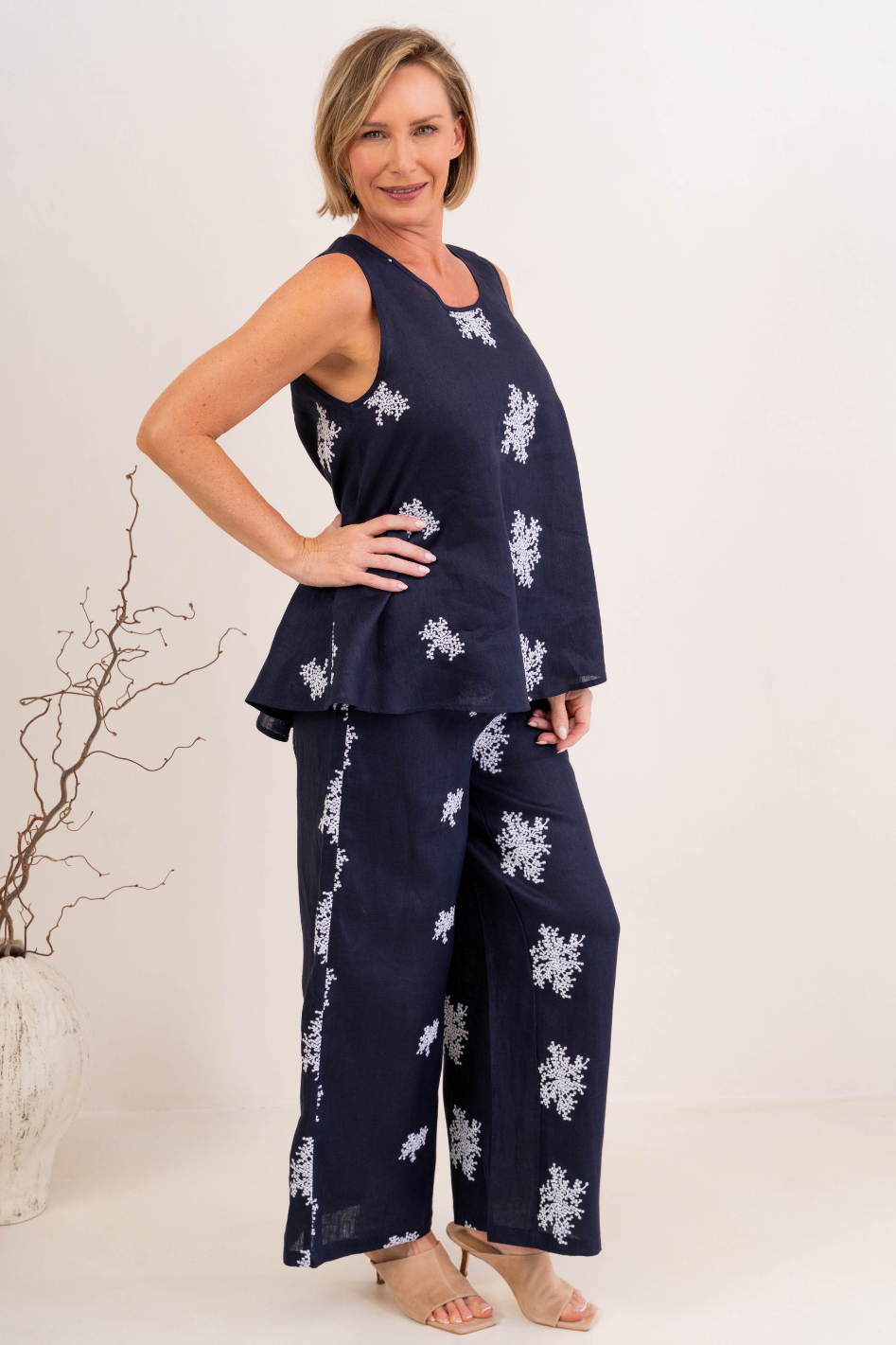 See Saw 7/8 Drawstring Pant in Navy and White Blossom Print