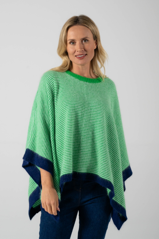 See Saw Angora Blend Stripe Poncho Apple White Navy