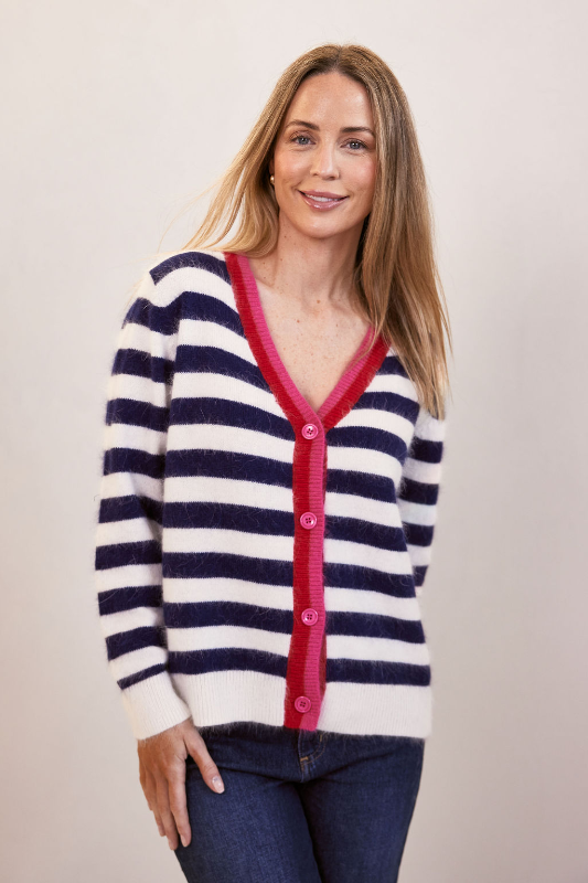 See Saw Angora Stripe Cardigan | Navy/Snow