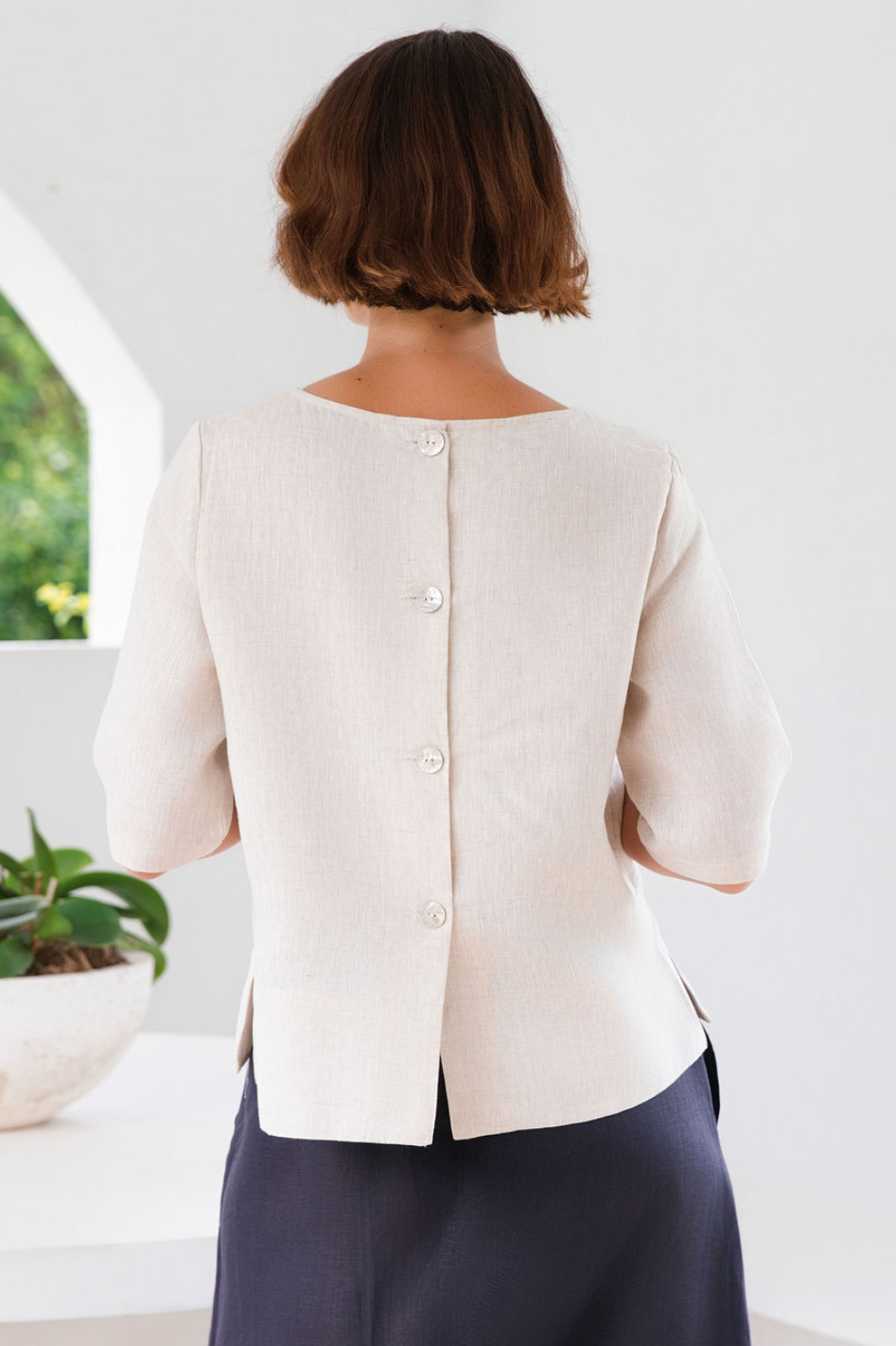 See Saw Boat Neck Linen Button Back Top 