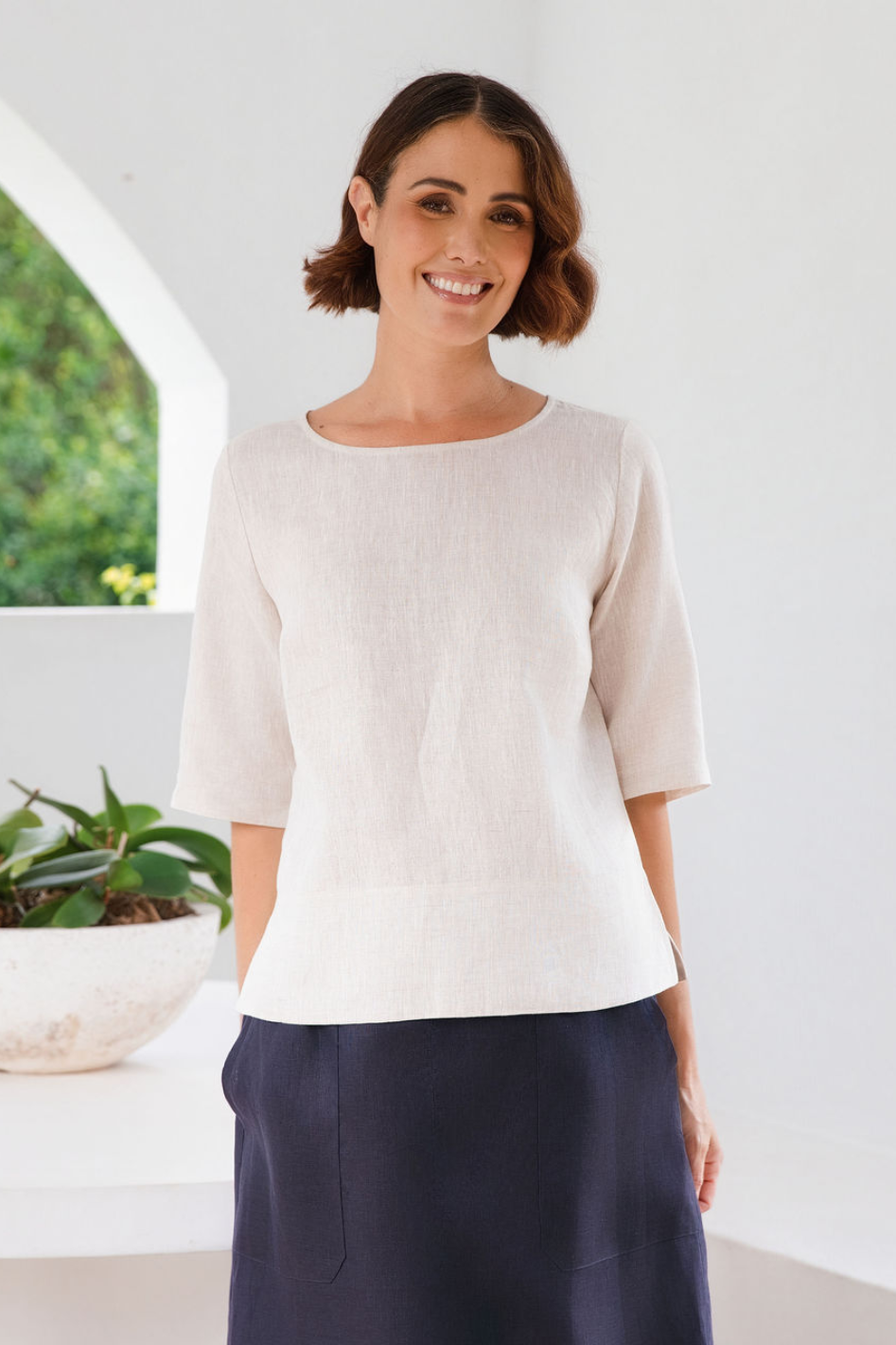 See Saw Boat Neck Linen Button Back Top 