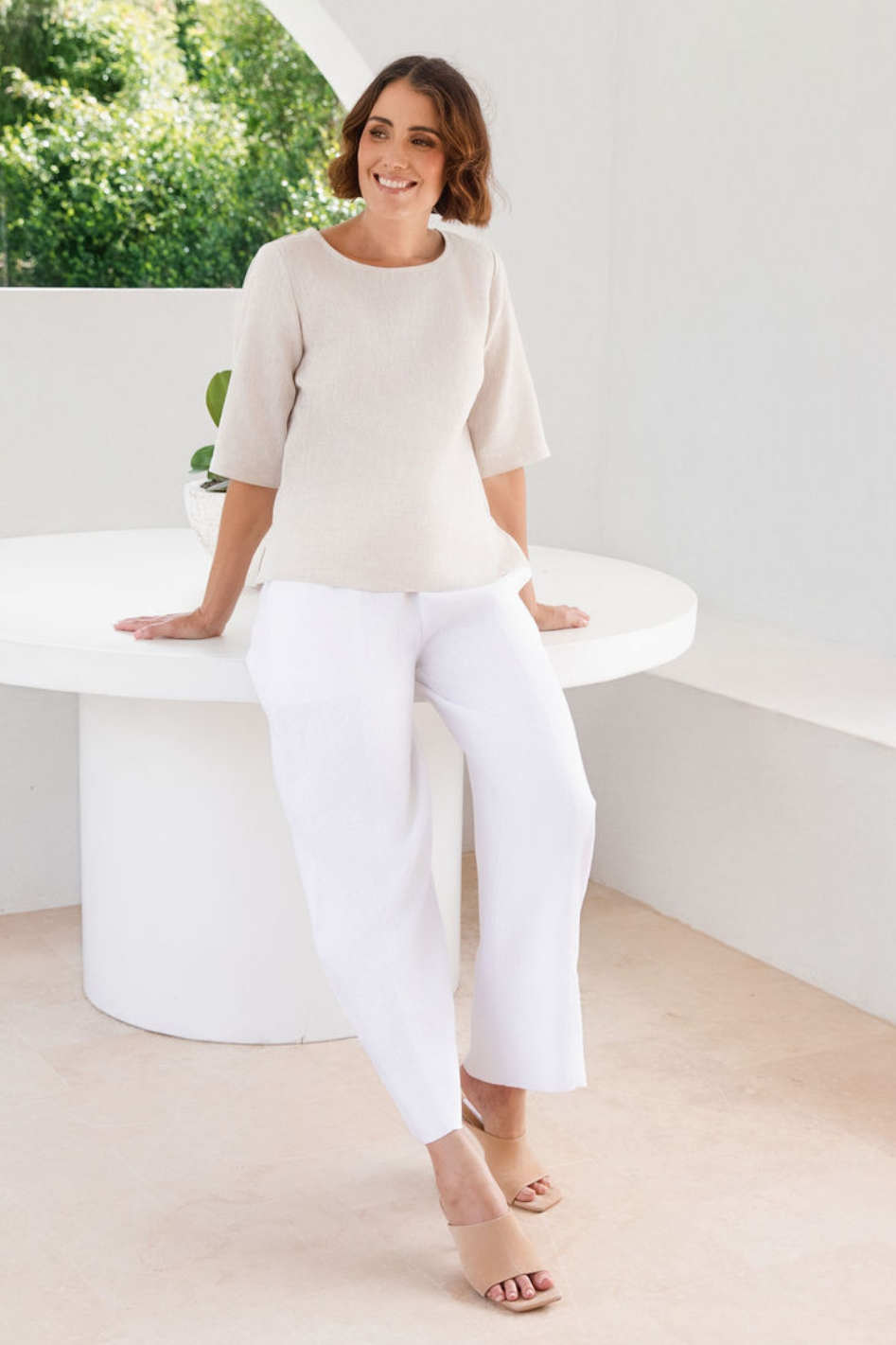 See Saw Boat Neck Linen Button Back Top