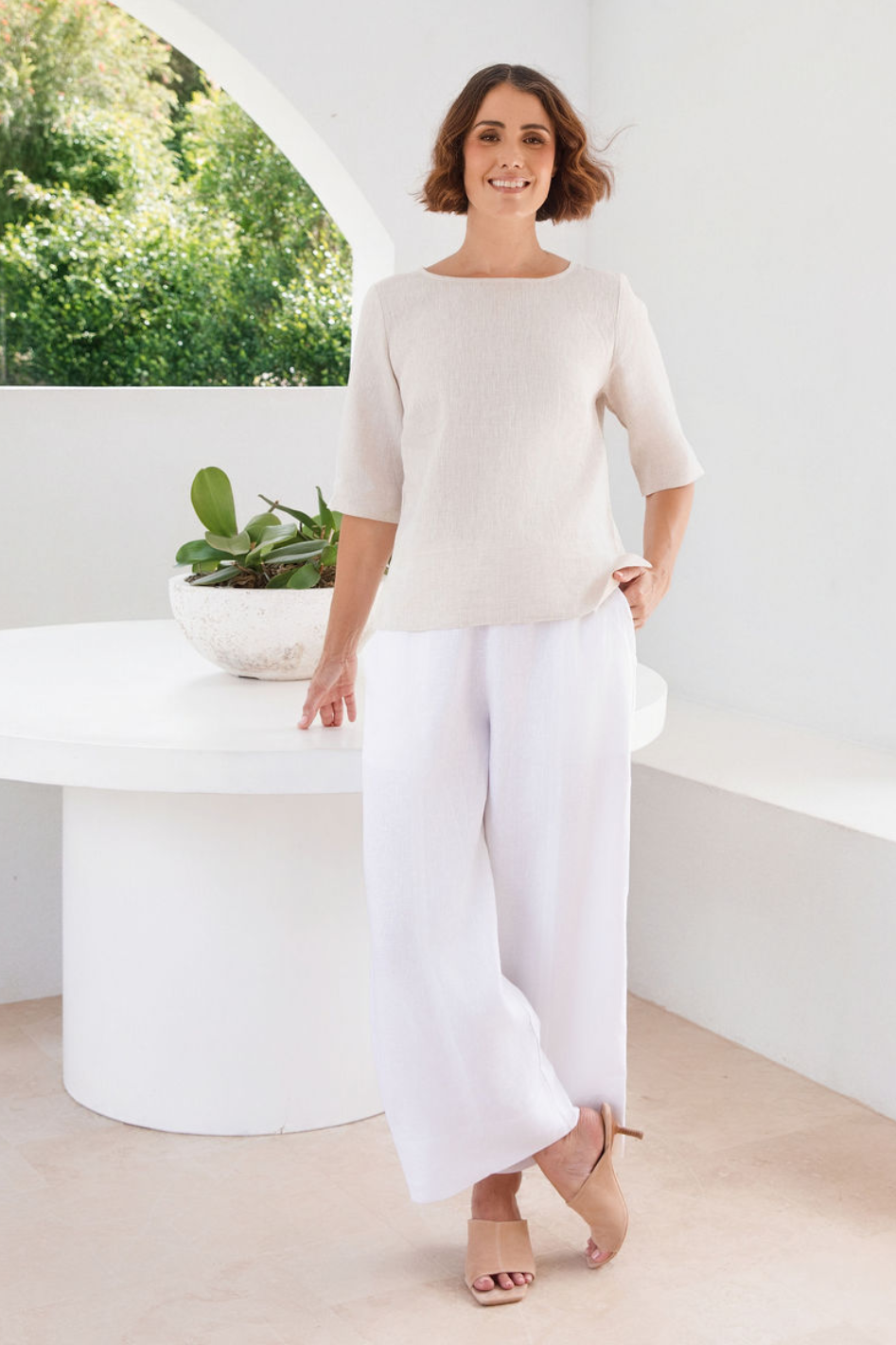 See Saw Boat Neck Linen Button Back Top