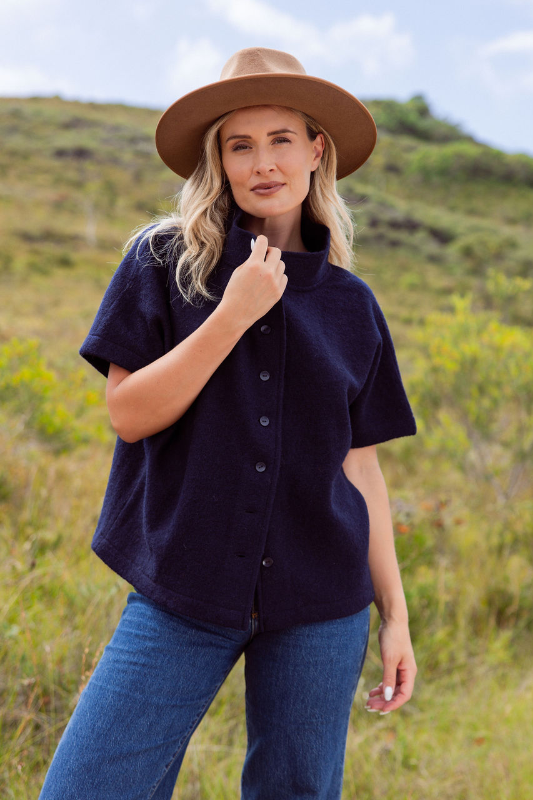 See Saw Boiled Wool Button Thru Vest | Navy