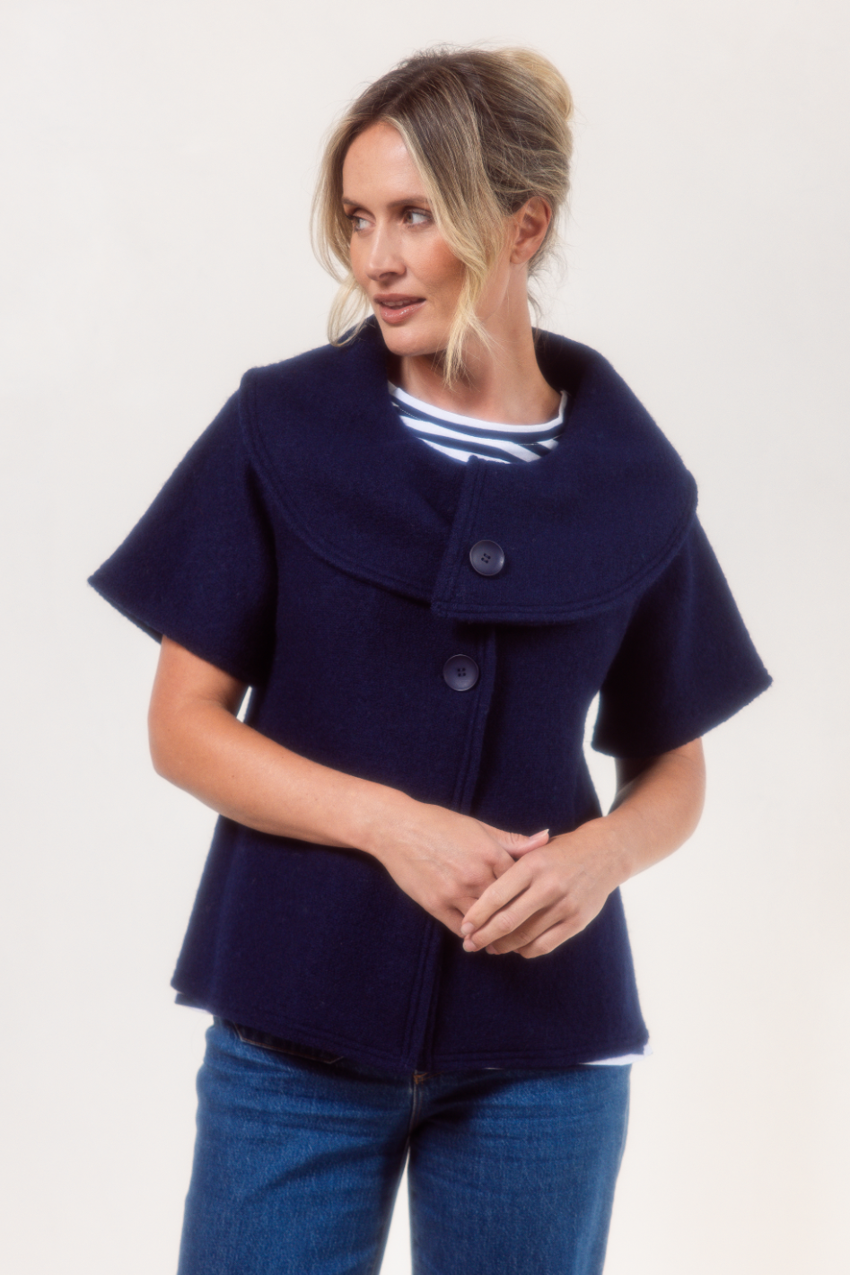 See Saw Boiled Wool Collared Crop Coat | Navy | 607