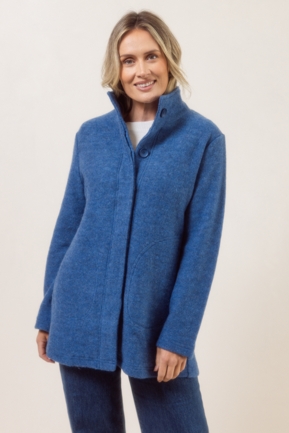 See Saw Boiled Wool Funnel Neck Coat in Denim