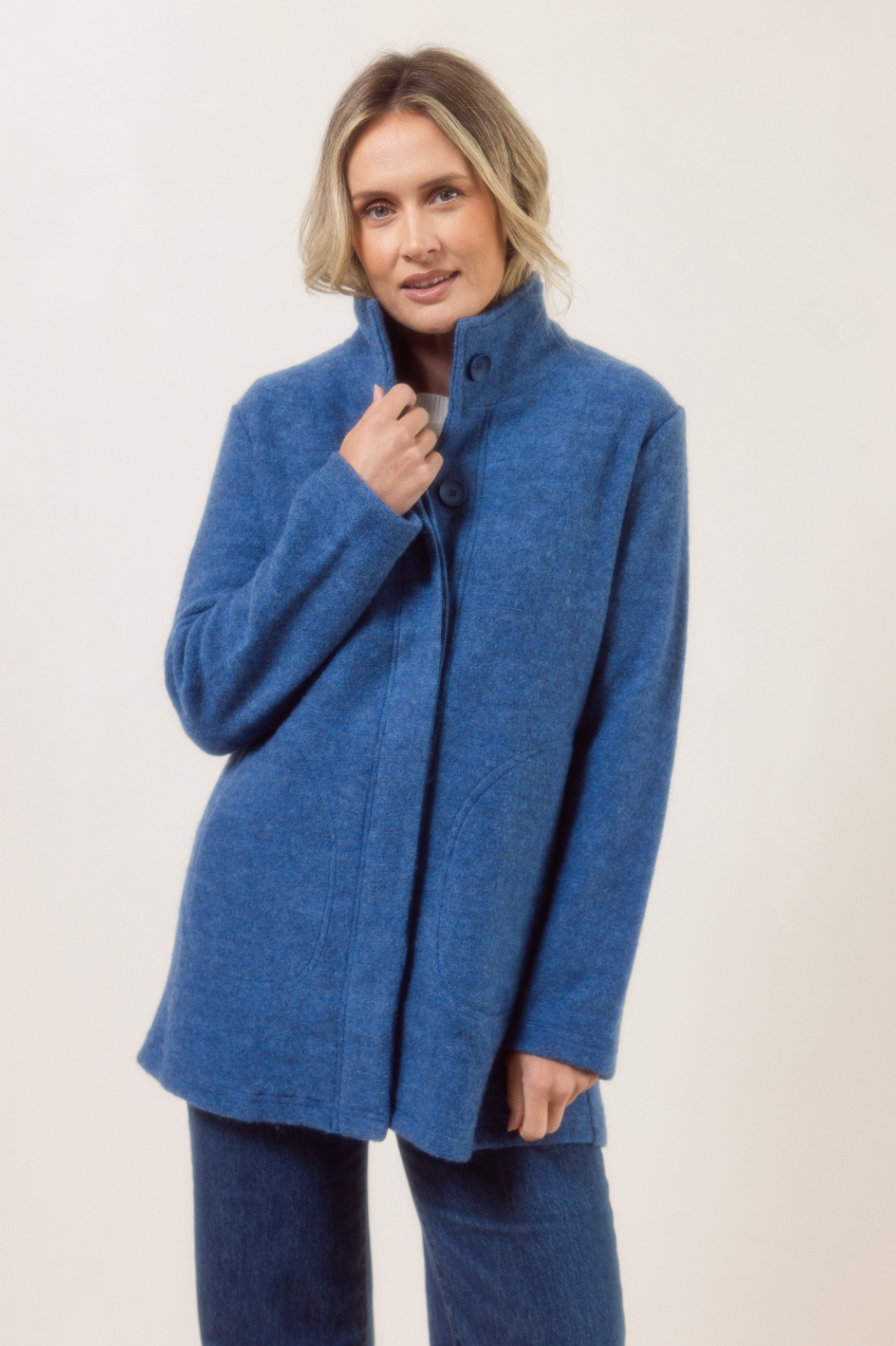 See Saw Boiled Wool Funnel Neck Coat in Denim