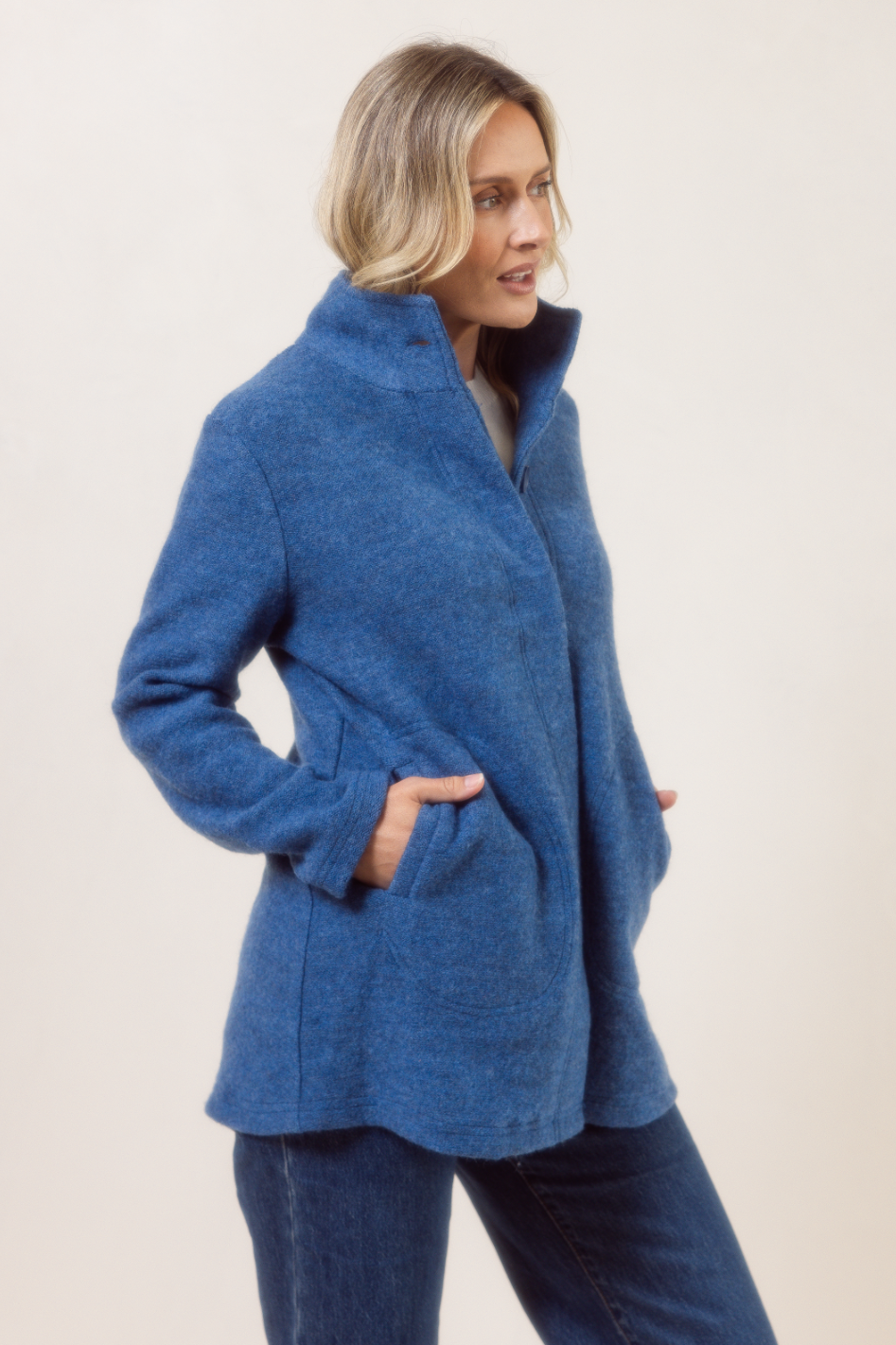 See Saw Boiled Wool Funnel Neck Coat in Denim