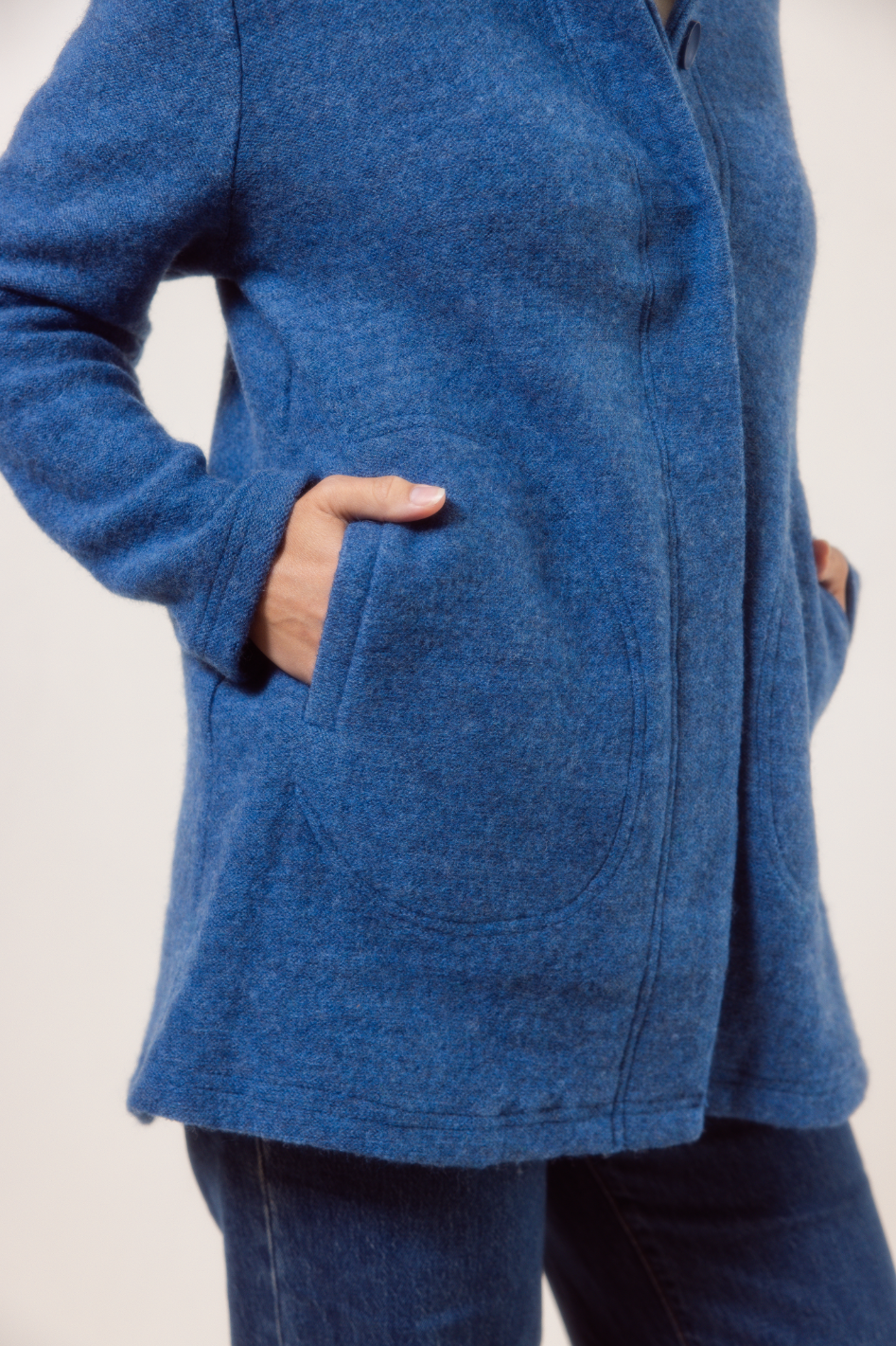 See Saw Boiled Wool Funnel Neck Coat in Denim