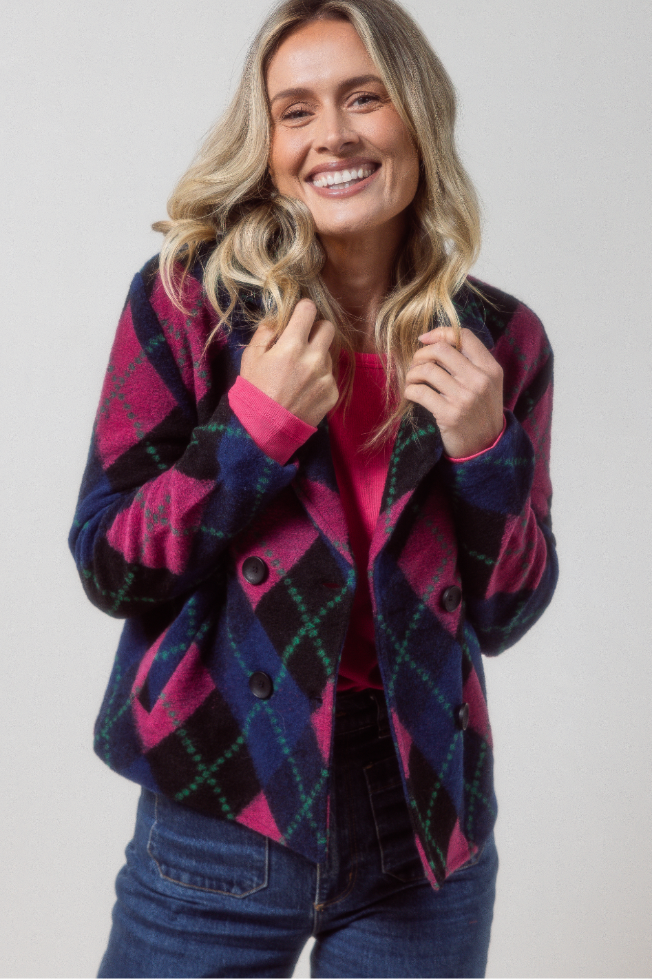 See Saw Boiled Wool Mix Plaid Collared Jacket | Black/Pink/Green/Navy | 632