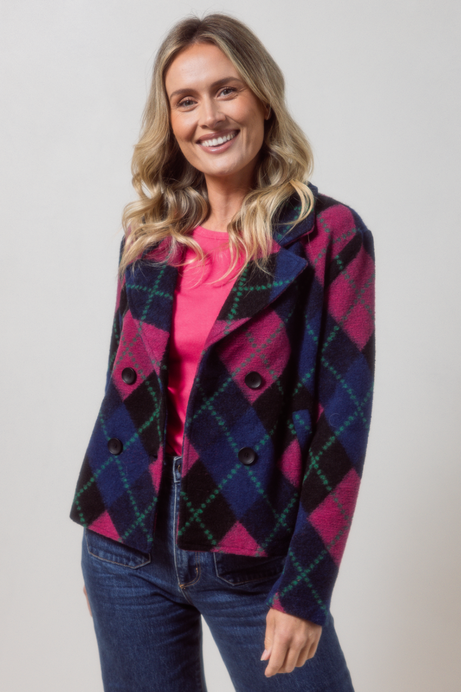 See Saw Boiled Wool Mix Plaid Collared Jacket | Black/Pink/Green/Navy | 632
