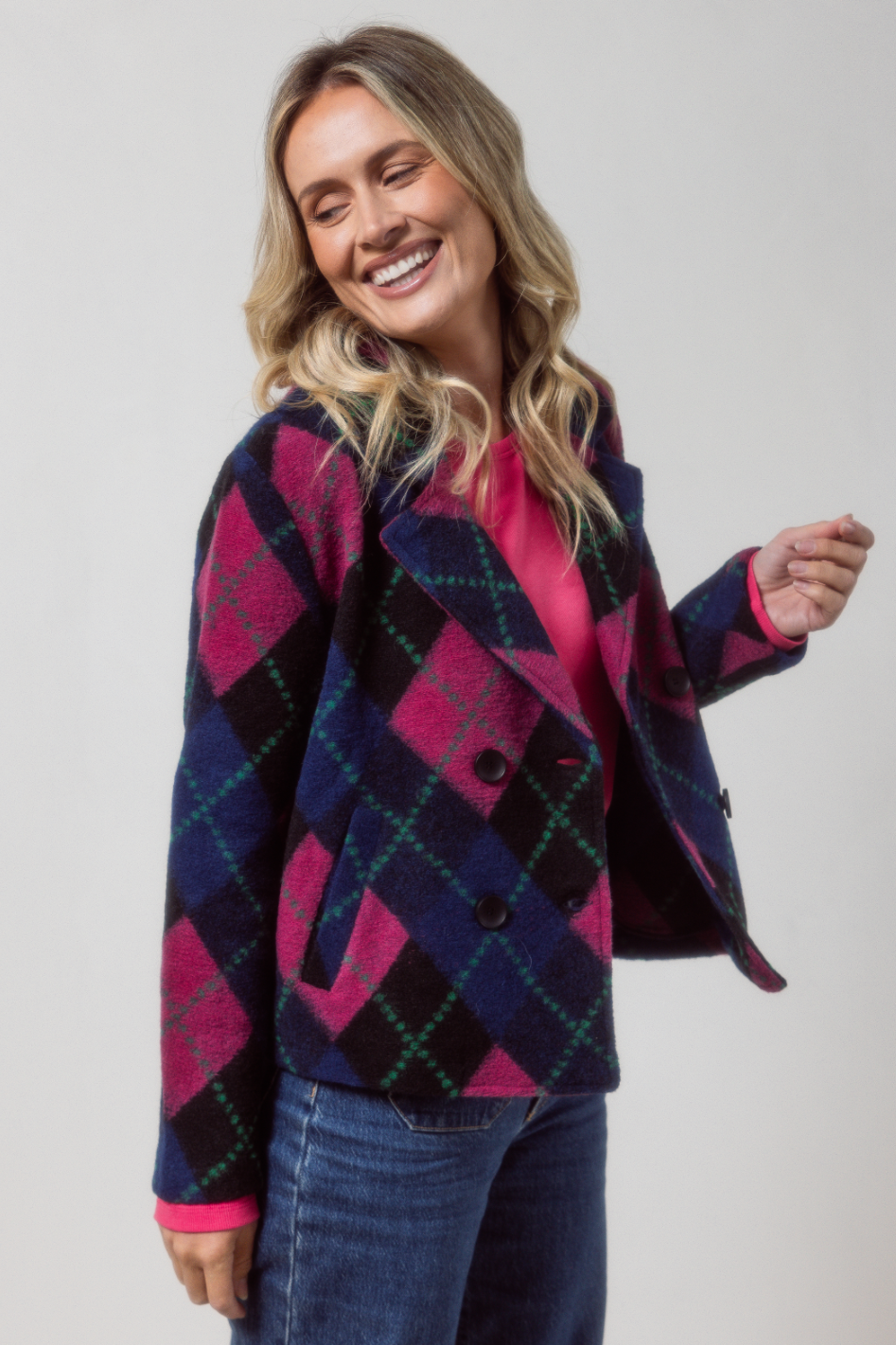See Saw Boiled Wool Mix Plaid Collared Jacket | Black/Pink/Green/Navy | 632