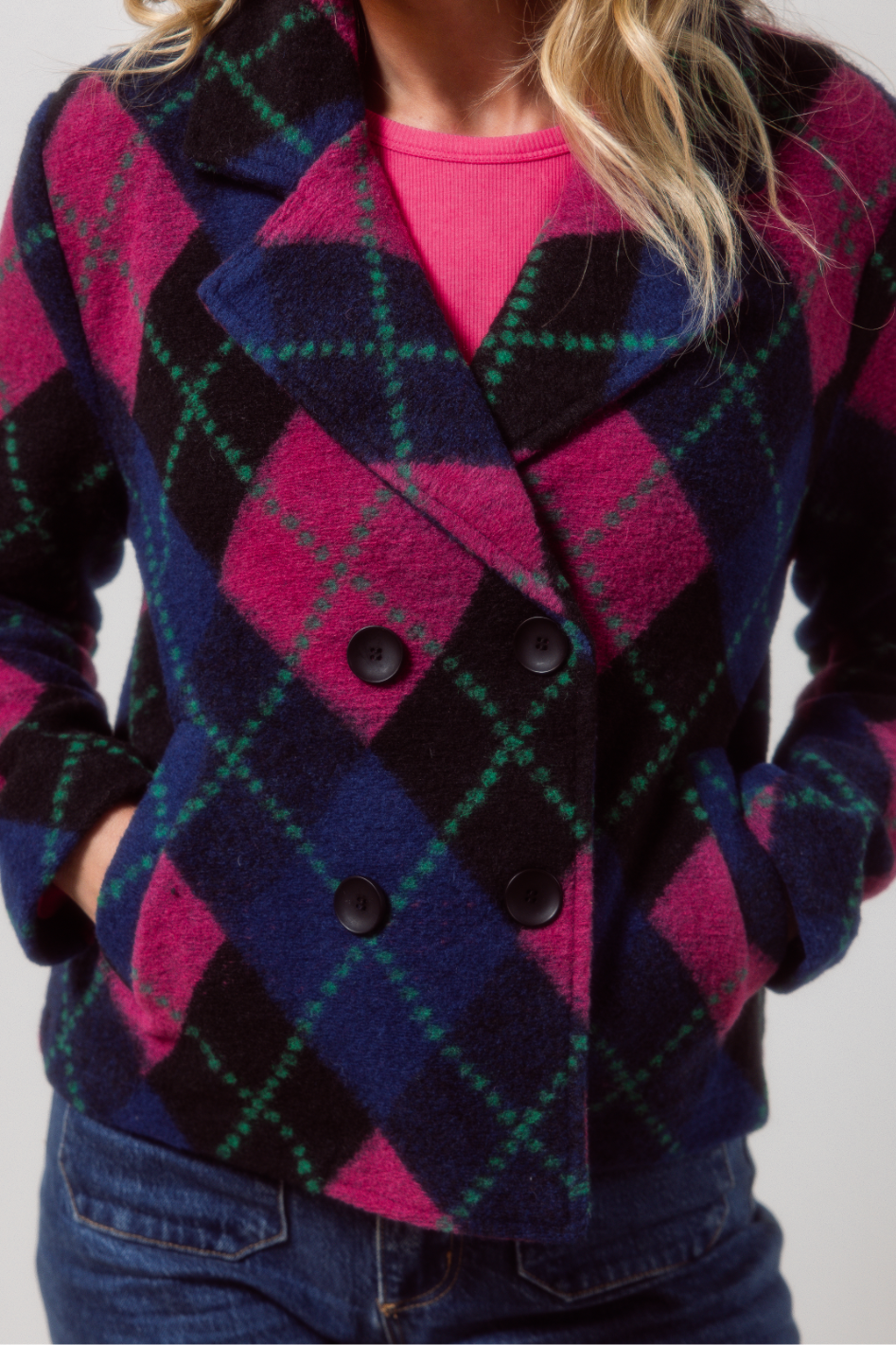 See Saw Boiled Wool Mix Plaid Collared Jacket | Black/Pink/Green/Navy | 632