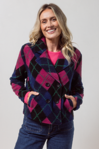 See Saw Boiled Wool Mix Plaid Collared Jacket | Black/Pink/Green/Navy | 632