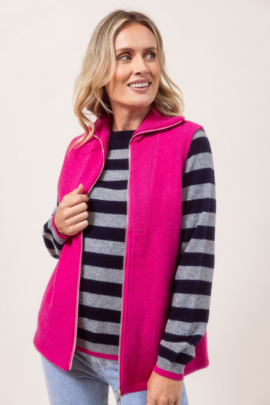 See Saw Boiled Wool Rib Collar Zip Vest in Pink