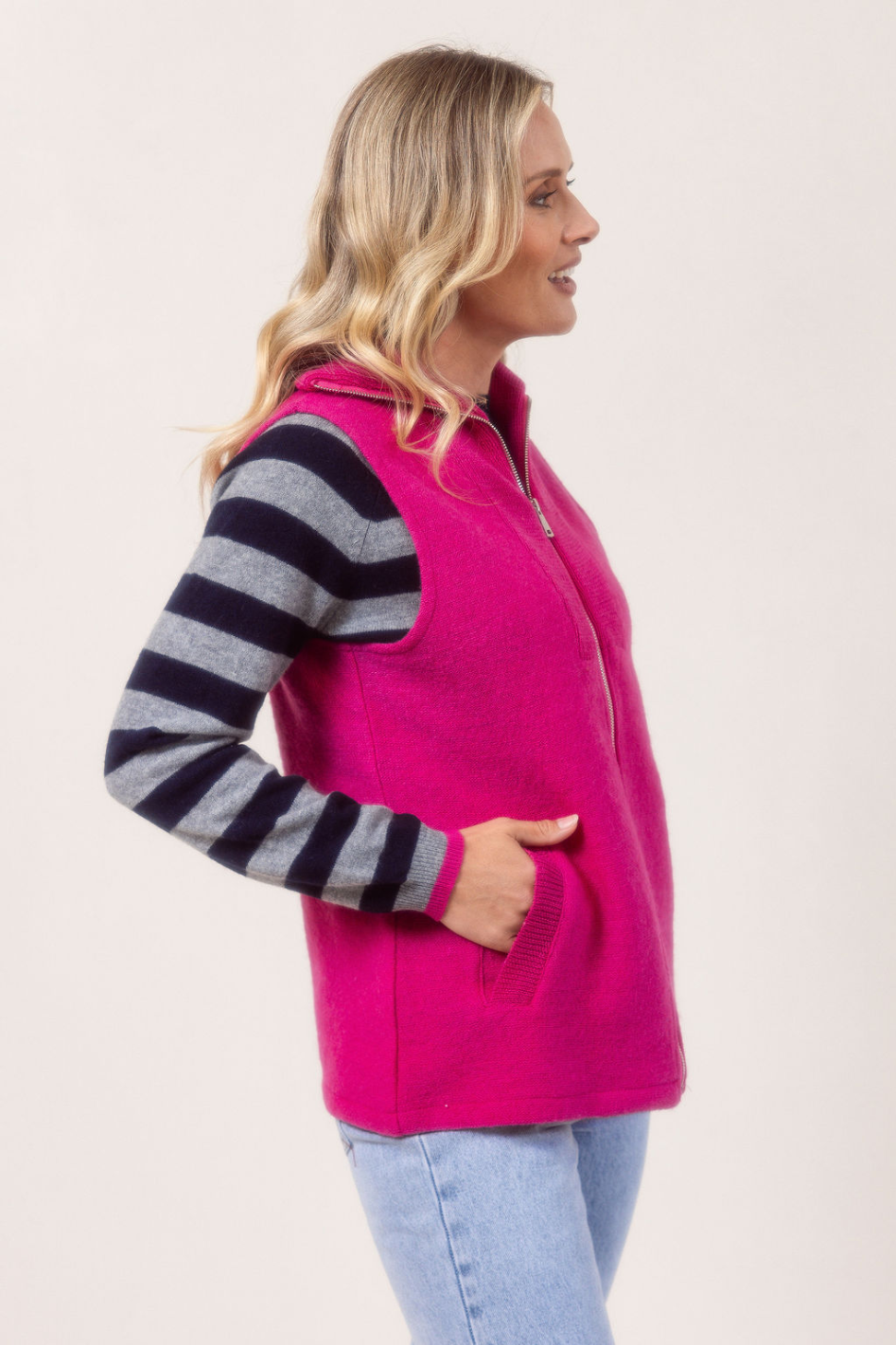 See Saw Boiled Wool Rib Collar Zip Vest in Pink