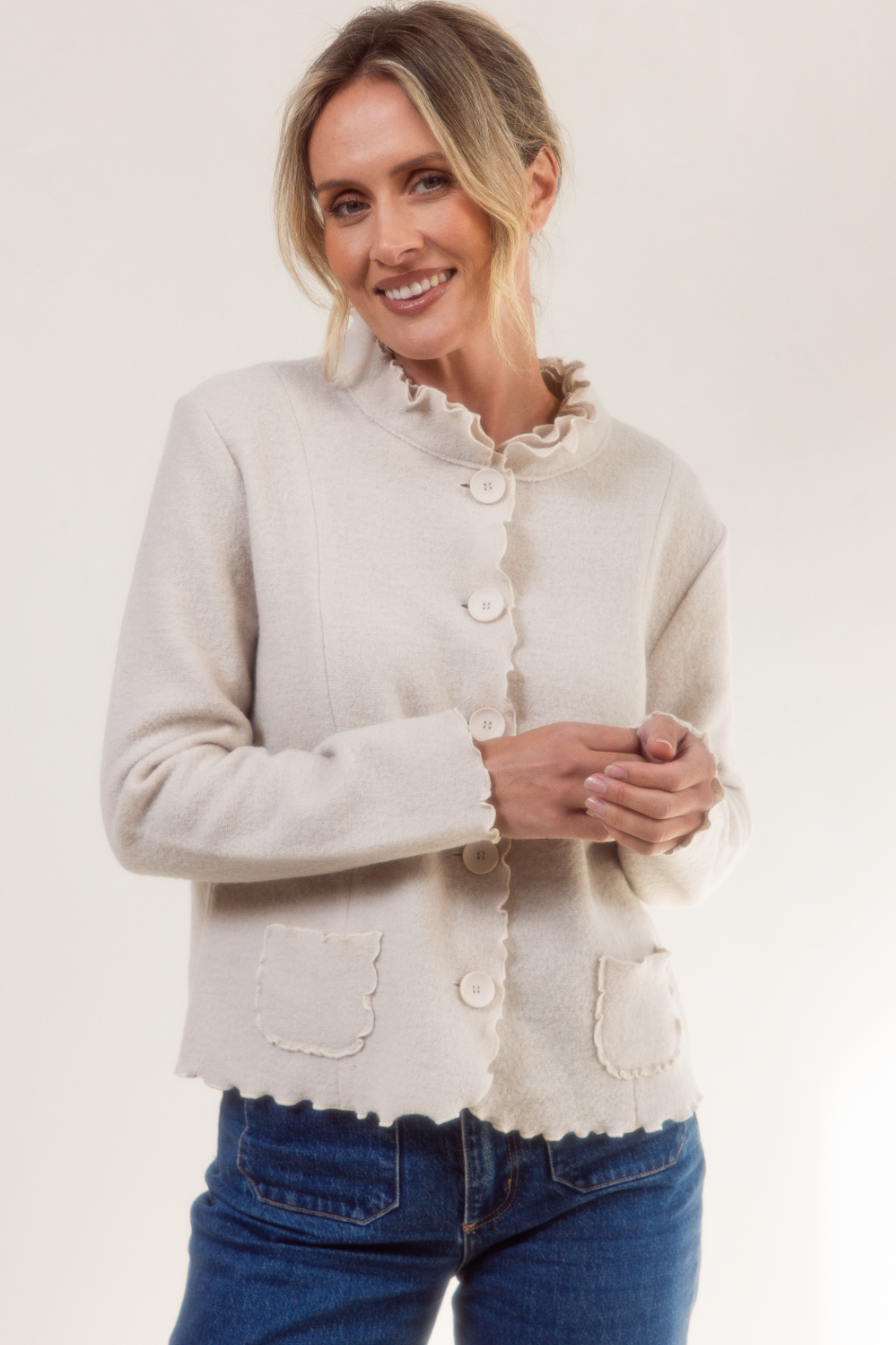 See Saw Boiled Wool Ruffle Trim Jacket in Cream