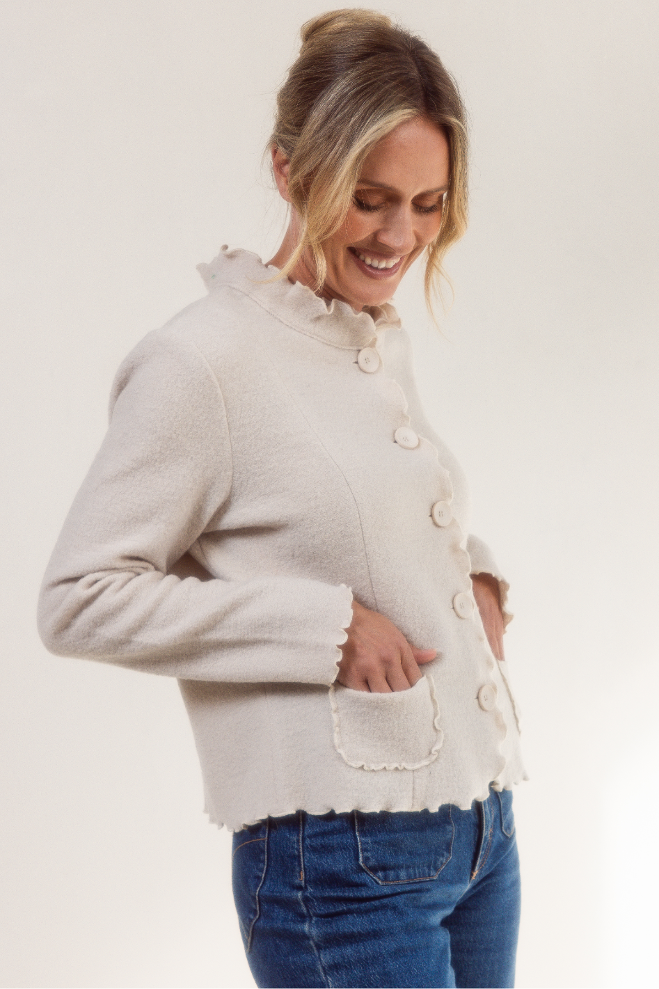 See Saw Boiled Wool Ruffle Trim Jacket in Cream