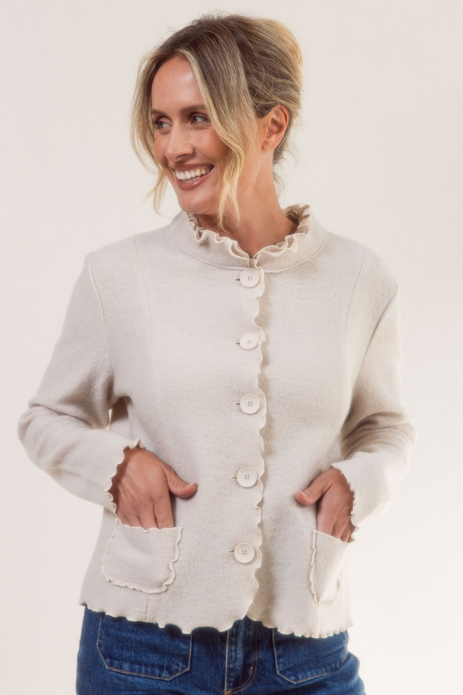 See Saw Boiled Wool Ruffle Trim Jacket in Cream