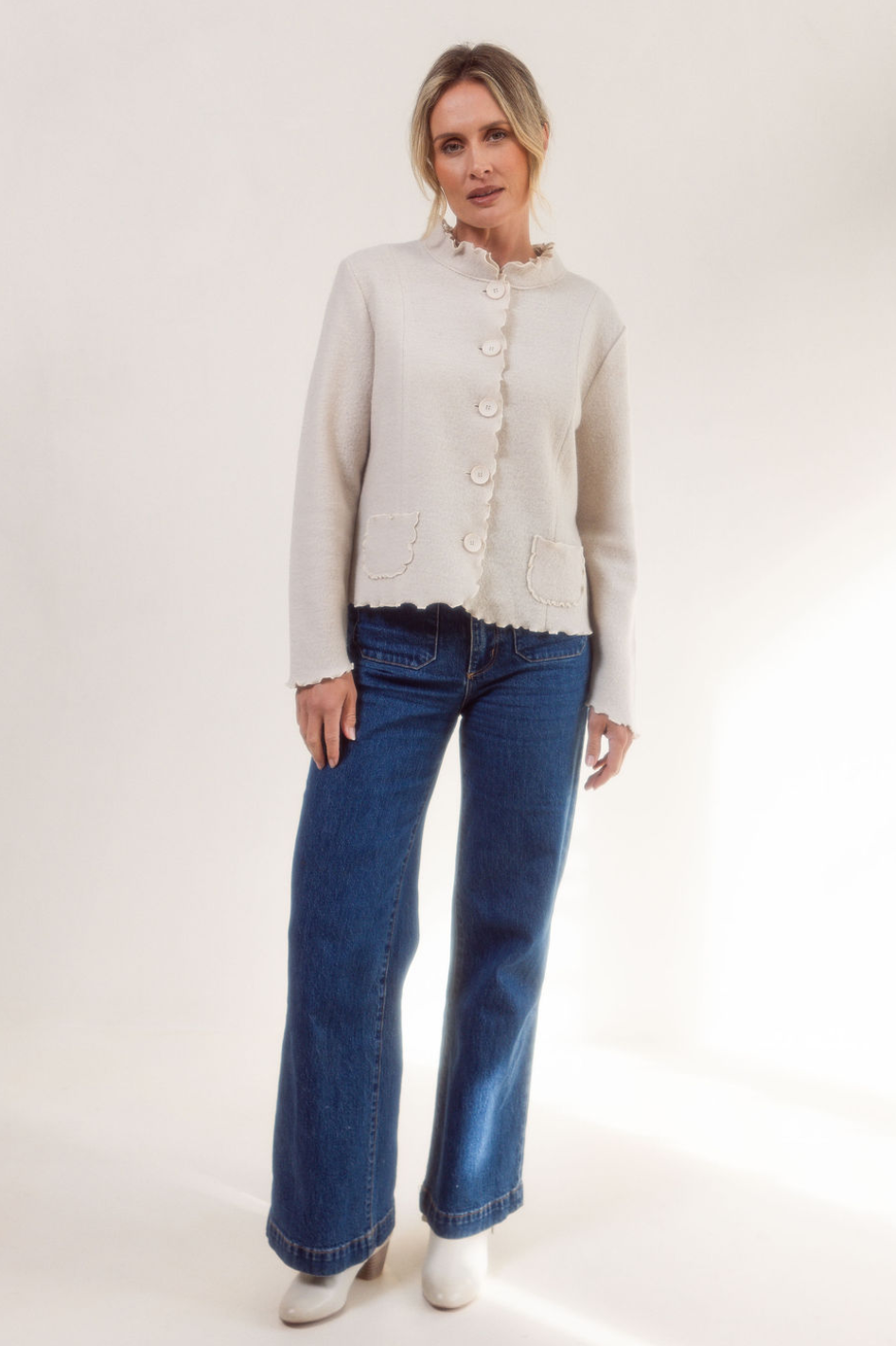 See Saw Boiled Wool Ruffle Trim Jacket in Cream