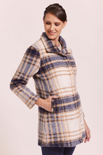 Load image into Gallery viewer, See Saw Brushed Wool Blend Funnel Neck Coat in Denim/Camel Check
