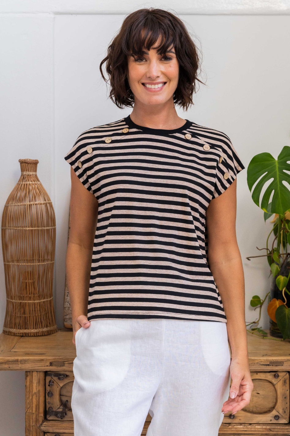 See Saw Button Detail Cap Sleeve Top | Black/Natural Stripe