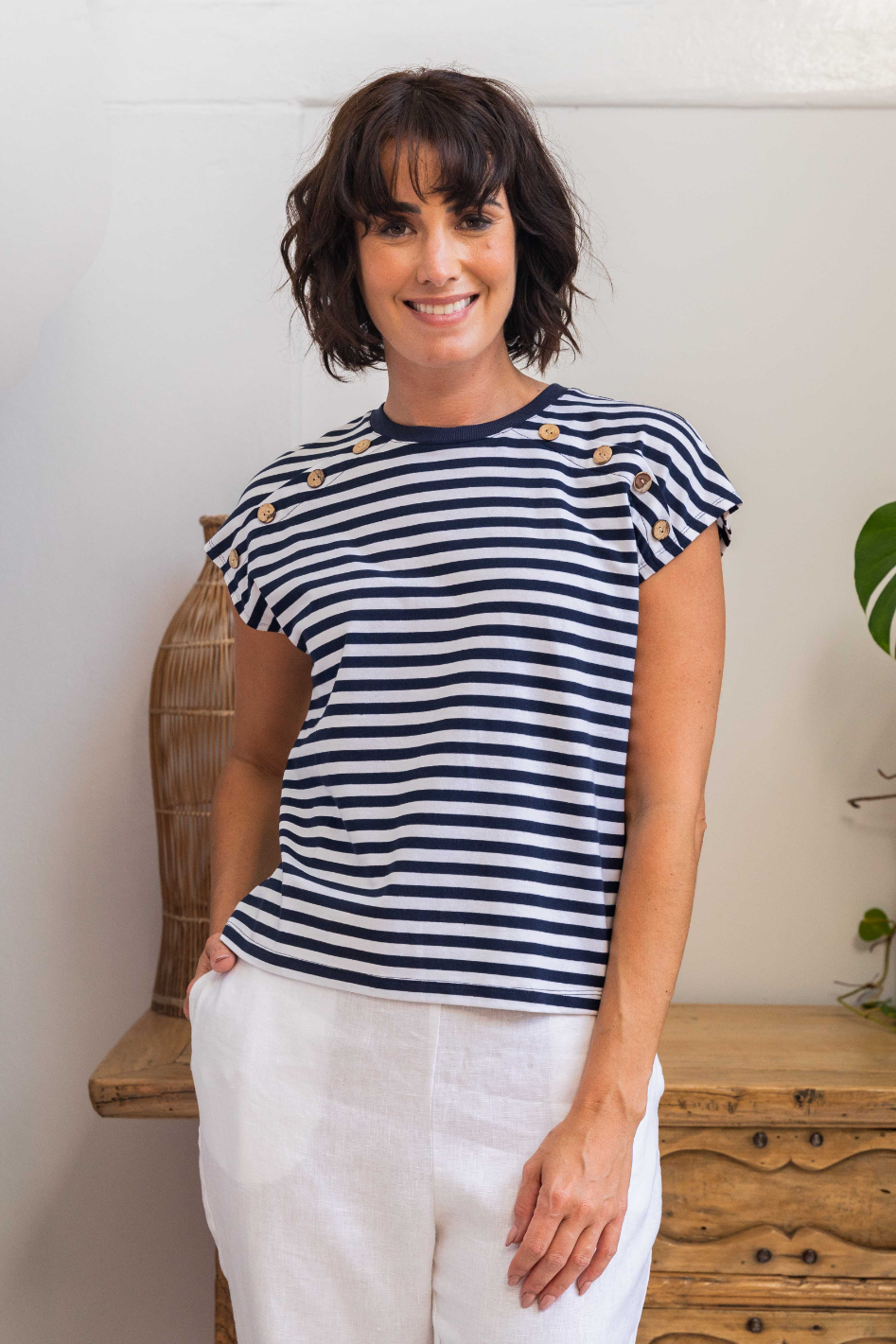 See Saw Button Detail Cap Sleeve Top in Navy/White Stripe