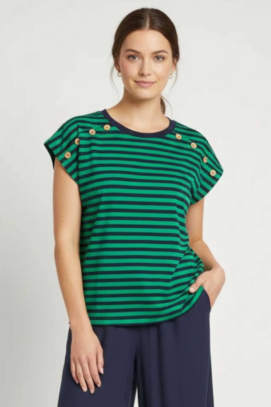 See Saw Button Detail T-Shirt in Green and Navy Stripe