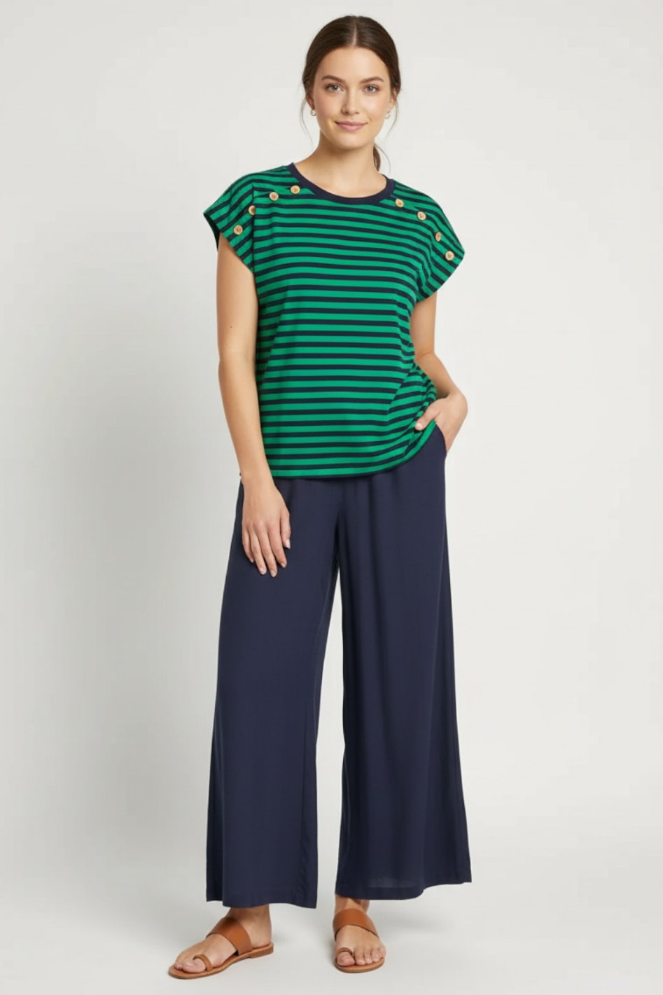 See Saw Button Detail T-Shirt in Green and Navy Stripe