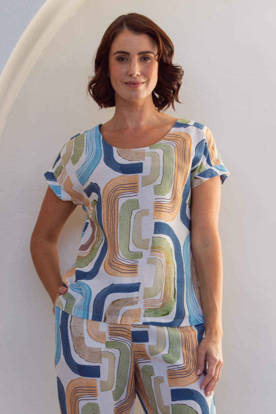 See Saw Cap Sleeve Button Back Top in Seascape Print