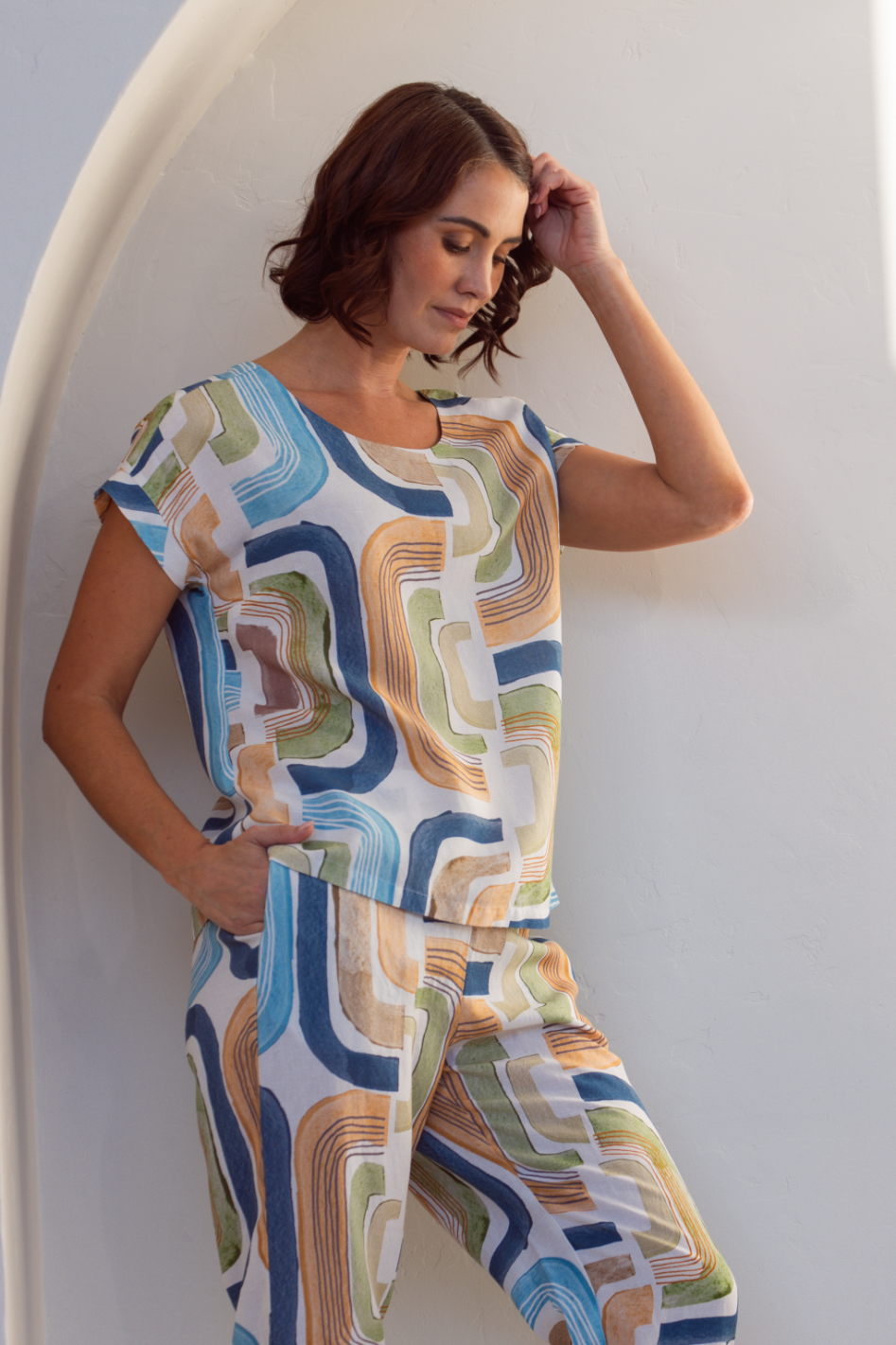 See Saw Cap Sleeve Button Back Top in Seascape Print