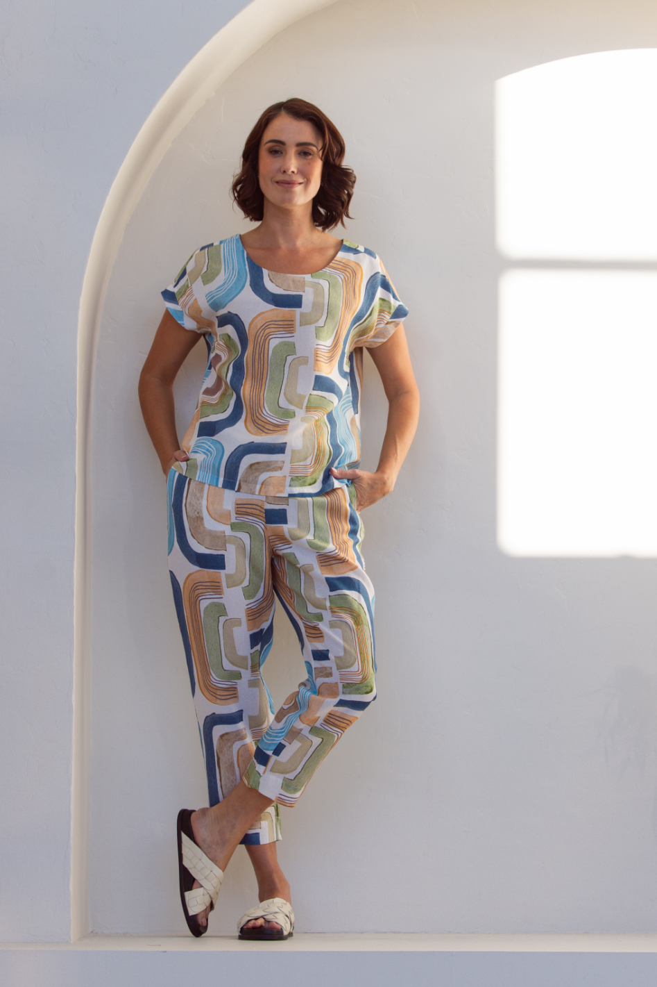 See Saw Cap Sleeve Button Back Top in Seascape Print