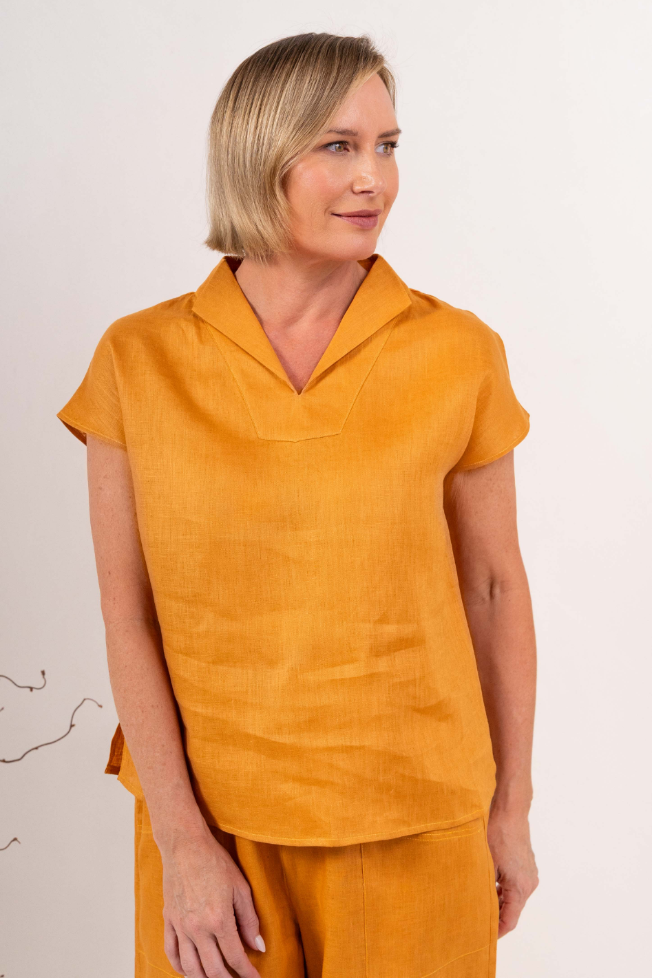 See Saw Cap Sleeve Linen Collared Top in Marigold
