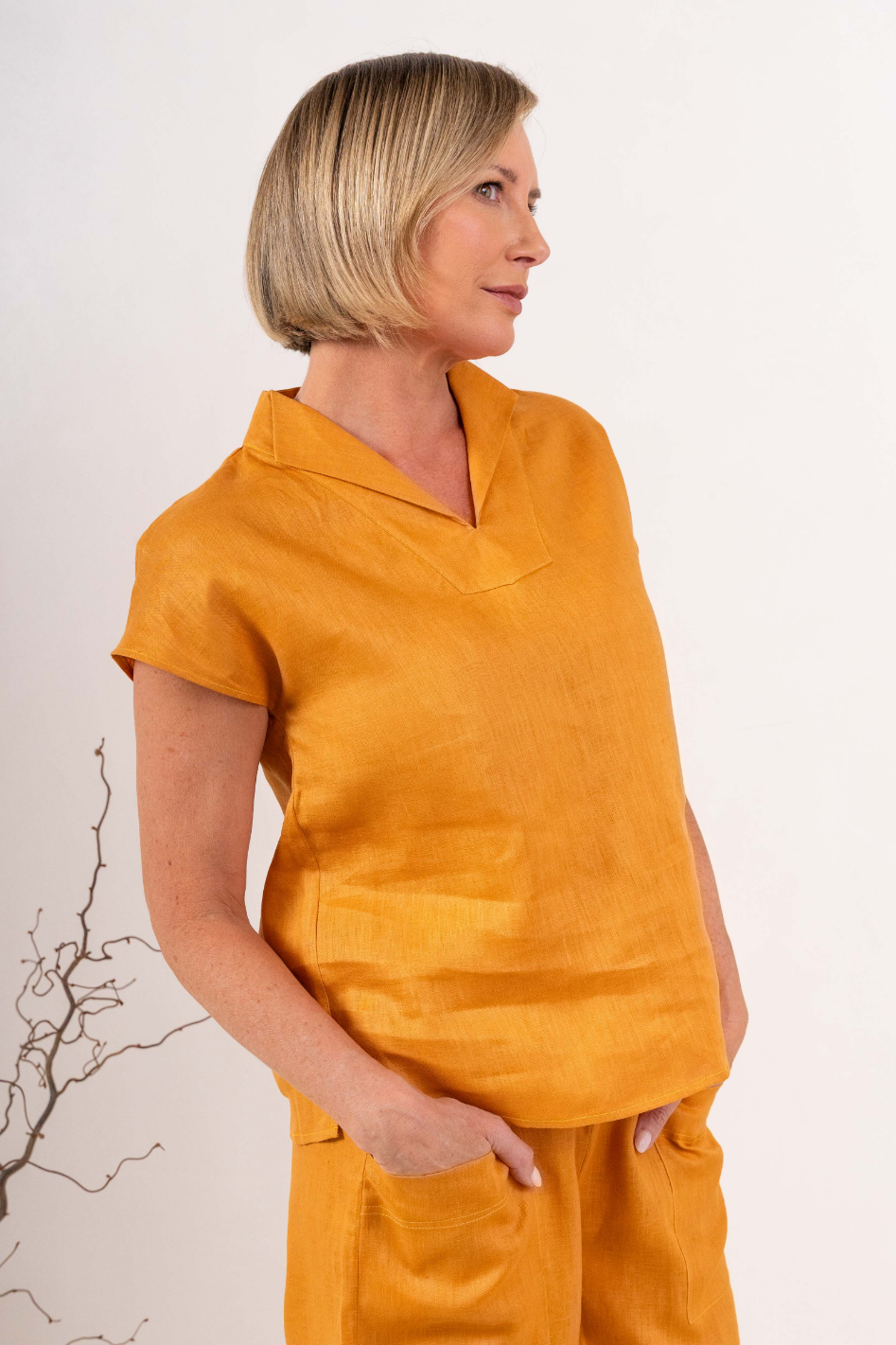 See Saw Cap Sleeve Linen Collared Top in Marigold