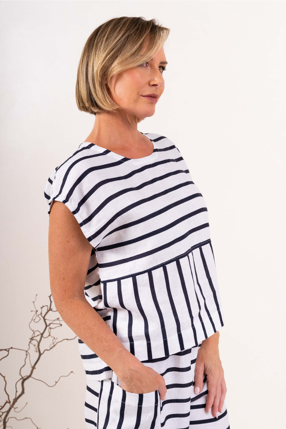 See Saw Cap Sleeve Linen Top in Navy and White Stripe