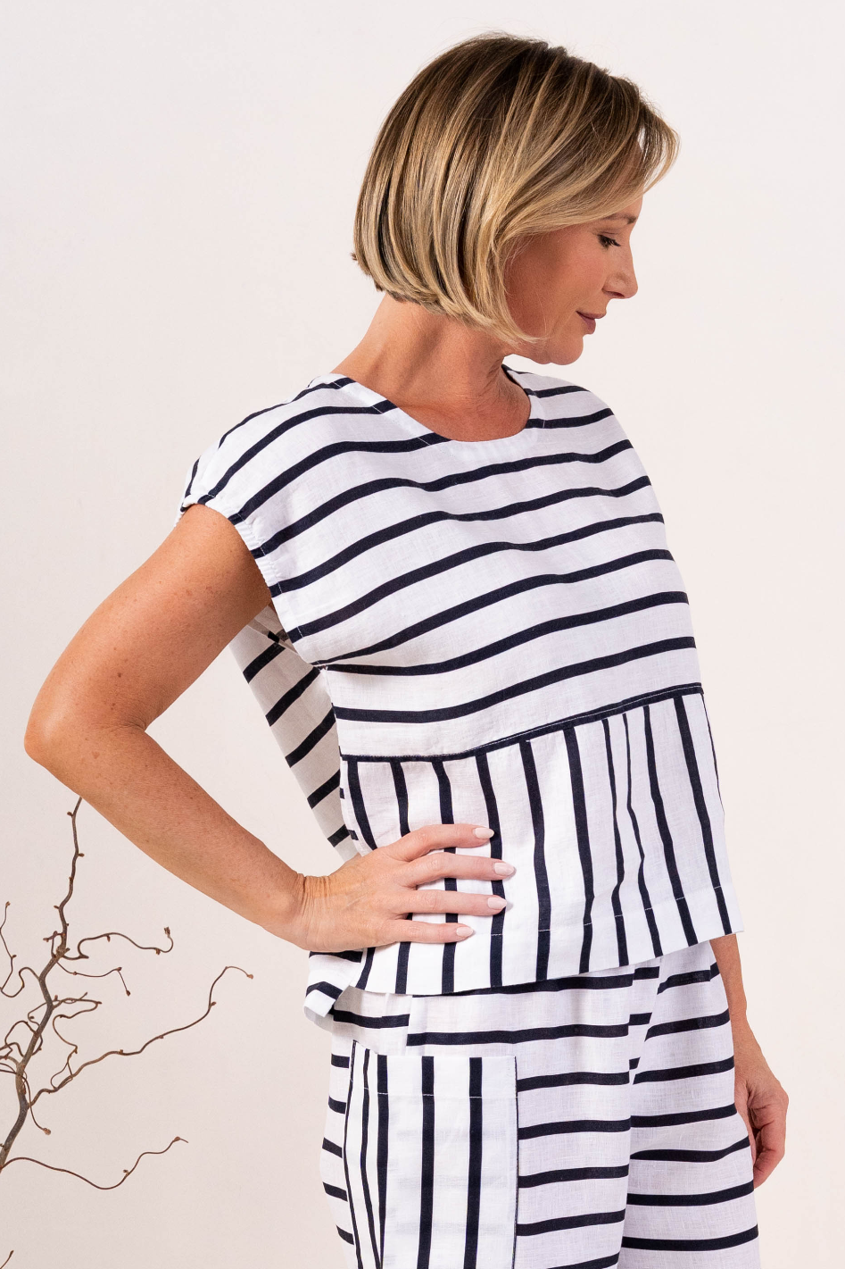 See Saw Cap Sleeve Linen Top in Navy and White Stripe