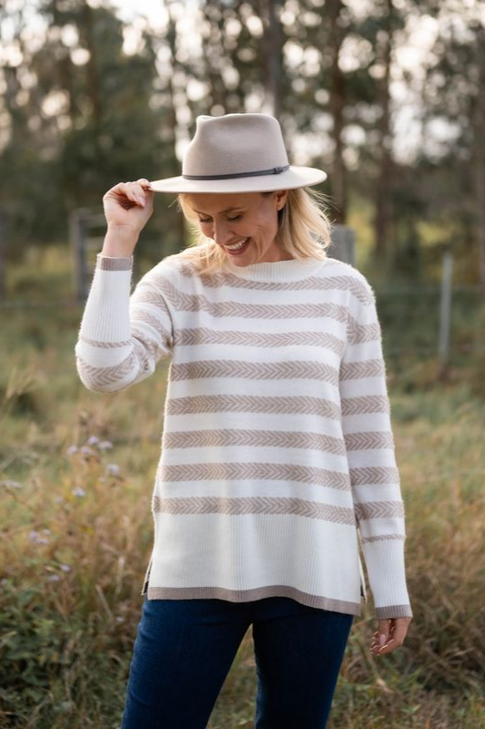See Saw Wool Blend Chevron Stripe Sweater in White and Stone